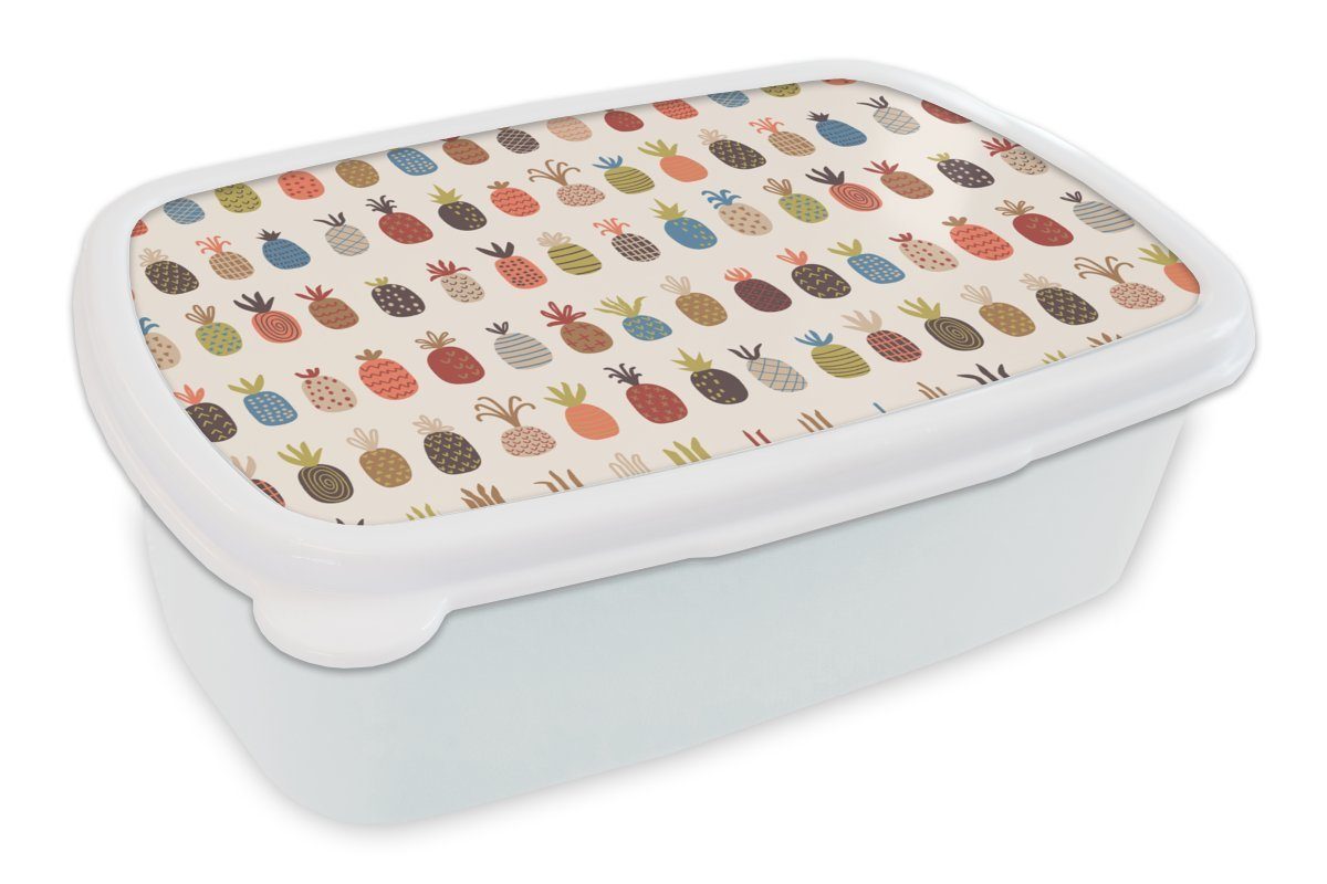 MuchoWow Lunchbox Ananas - Regenbogen - Retro - Obst, Kunststoff, (2-tlg), Brotbox für Kinder und Erwachsene, Brotdose, für Jungs und Mädchen weiß