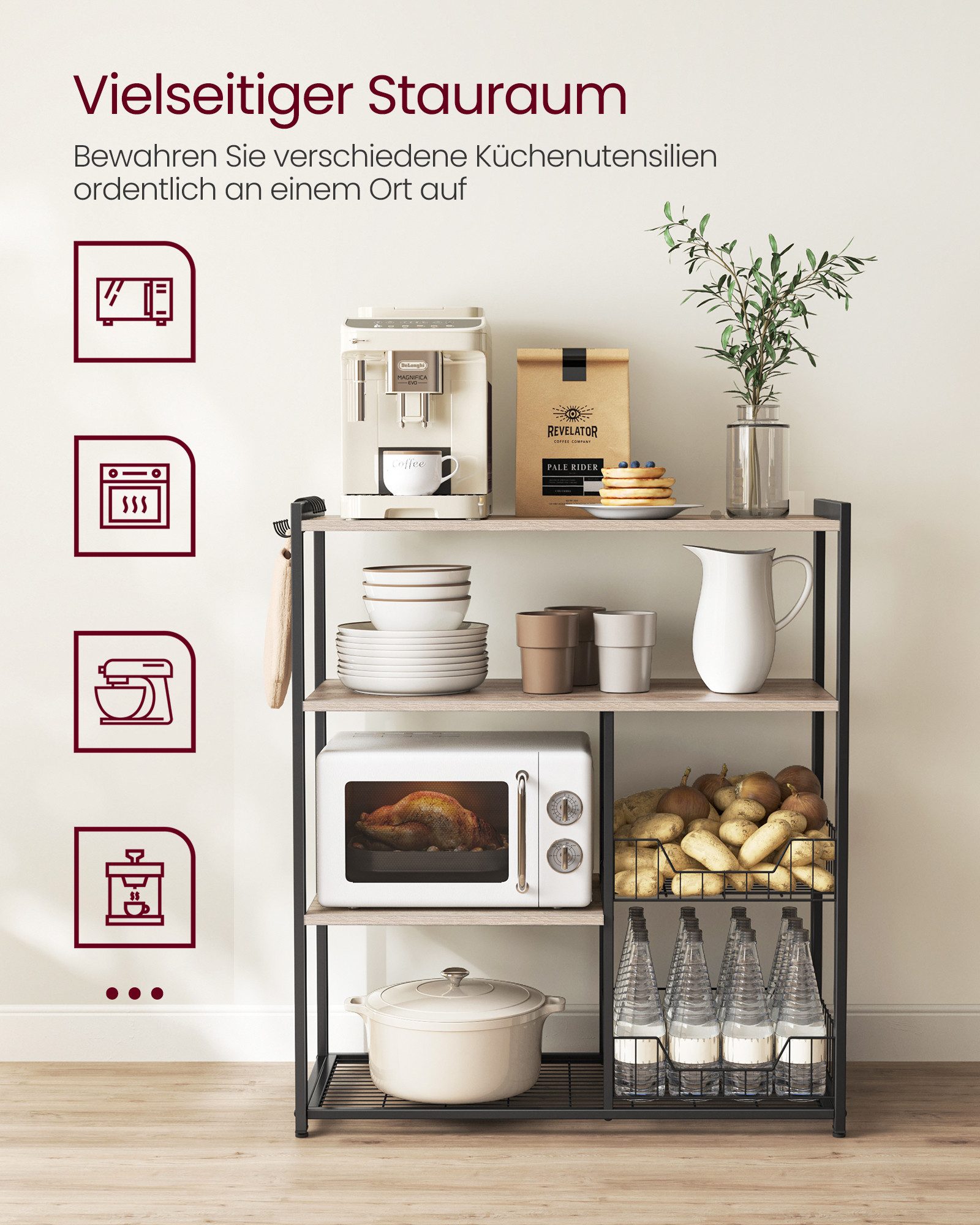VASAGLE Küchenregal Standregal mit 2 Metallkörben, Bäckerregal mit Haken und Regalablagen, Mikrowellenregal, 35 x 80 x 95 cm – Bild 4 von 5