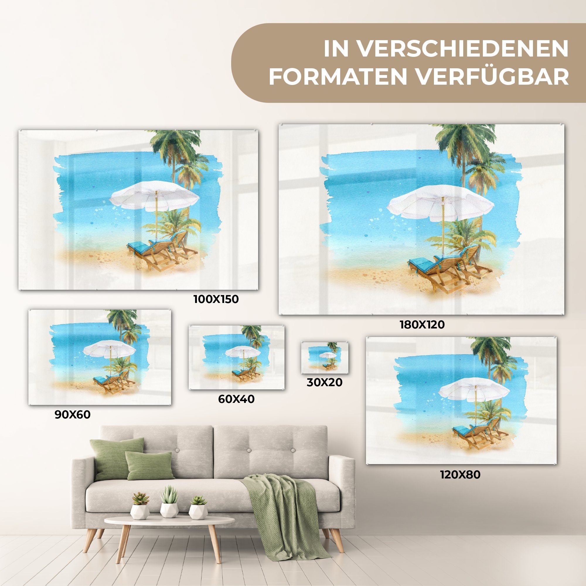 Palmen Wasserfarben, - & Acrylglasbild Wohnzimmer Sonnenschirm (1 MuchoWow Acrylglasbilder Strandkorb St), - - Schlafzimmer