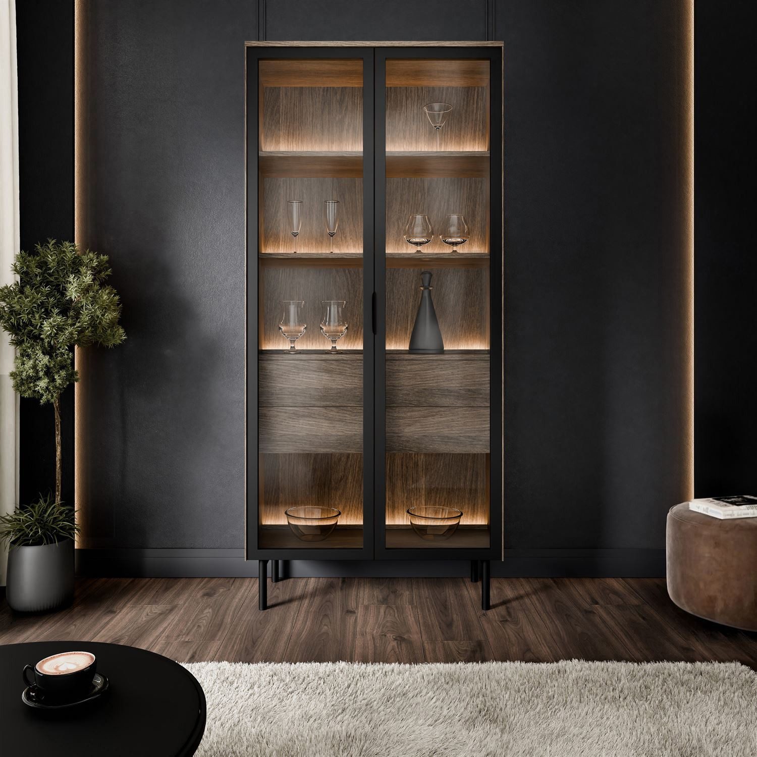 Lookway Glasvitrine LINEA LOFT Vitrine mit LED-Beleuchtung und Schubladen günstig online kaufen