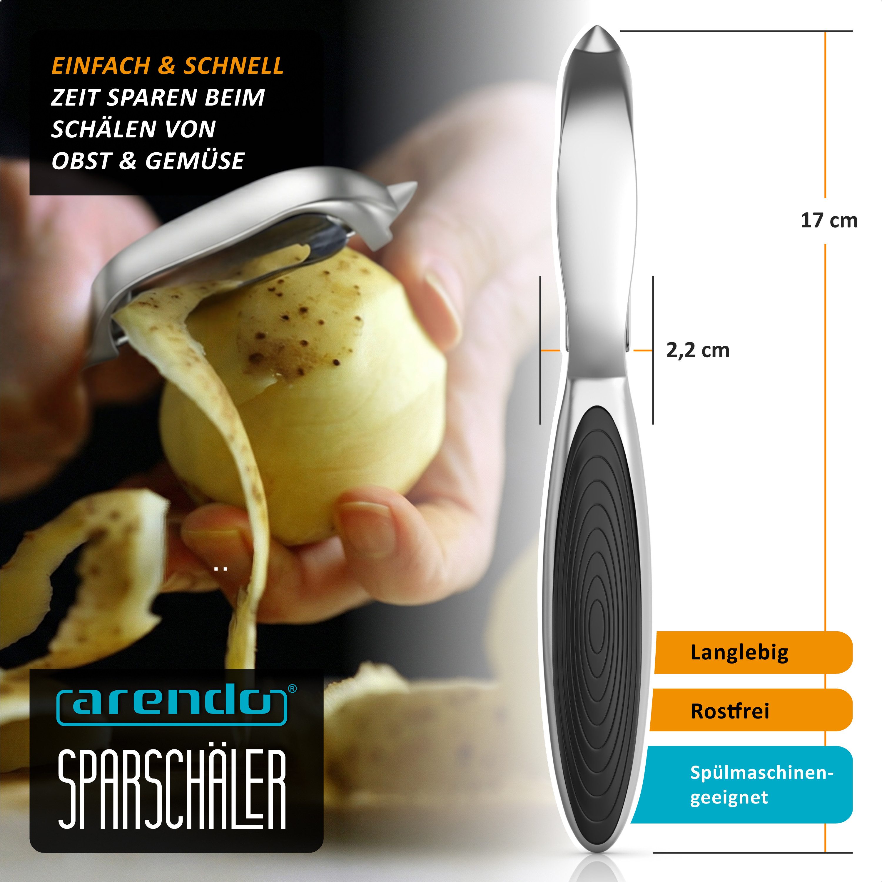 Arendo Sparschäler Profi Pendelklinge für Kartoffeln, Spargel, Obst & Gemüse, (1-tlg., mit integriertem Ausstecher), Scharfer Universalschäler rostfrei, beidhändig & spülmaschinengeeignet