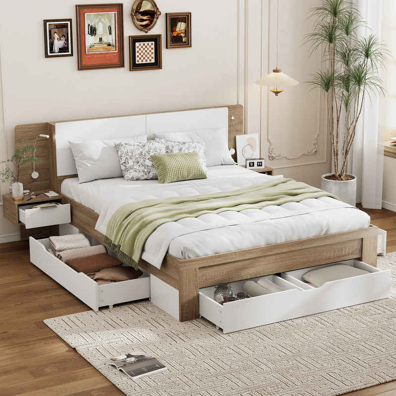 Flieks Holzbett, LED Doppelbett mit 2 Nachttische und mehreren Schubladen 140x200cm
