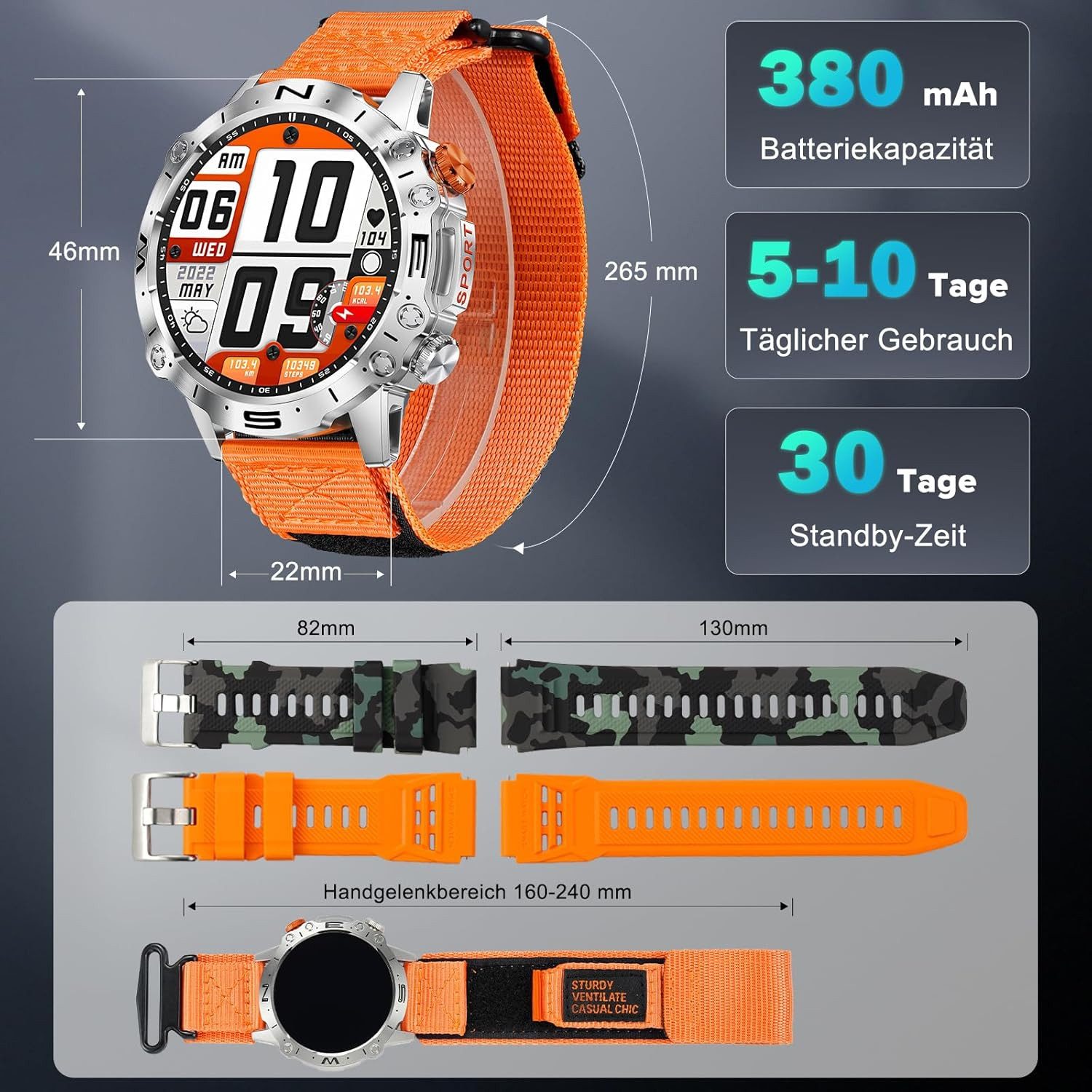 MEGALITH smartwatch men K59 Smartwatch (3,6 cm, android ios), Robuste Smartwatch für Herren mit 3 Armbändern und AMOLED-Display