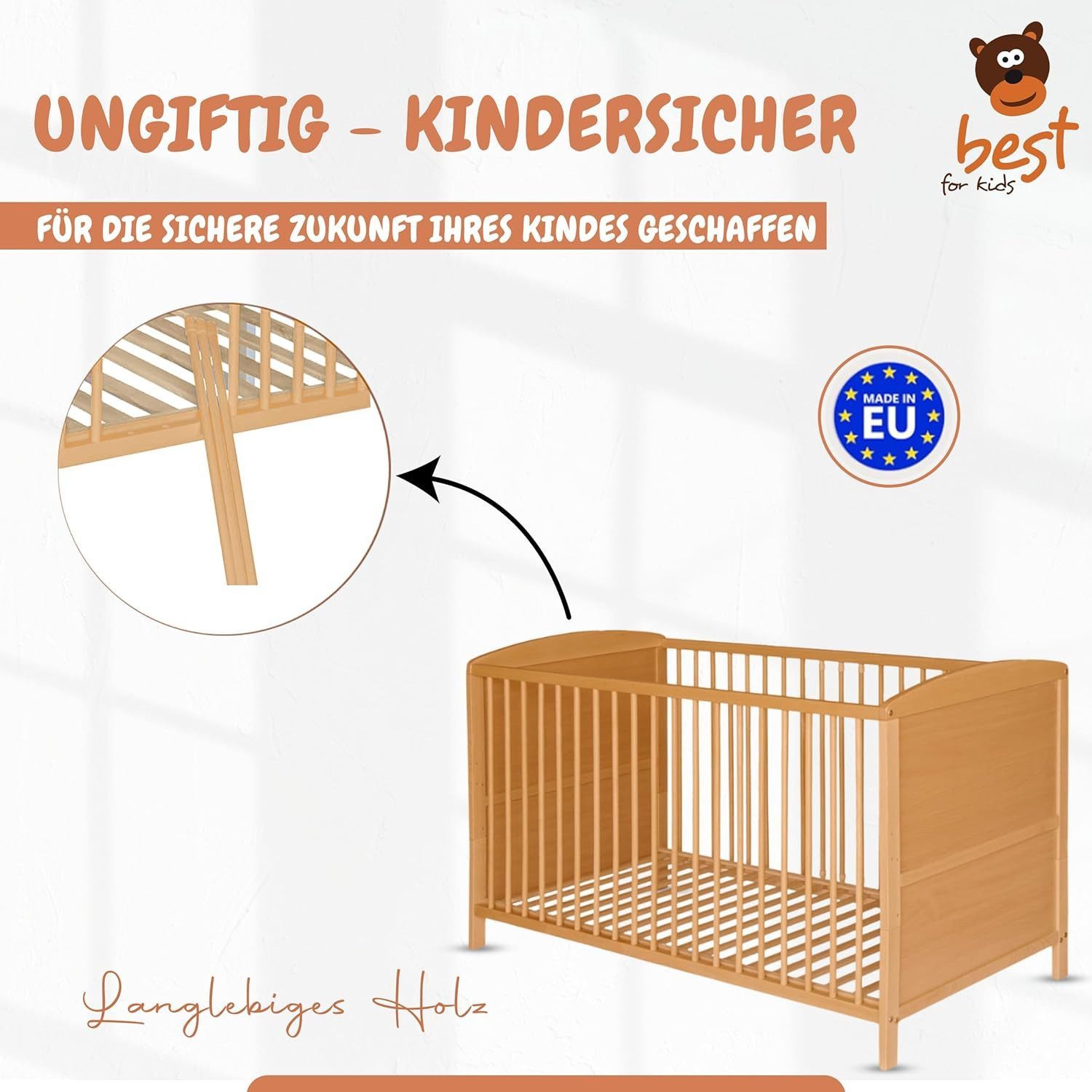 Best for Kids Babybett Best For Kids Wandelbares Babybett – Mit oder Ohne Matratze, Buche