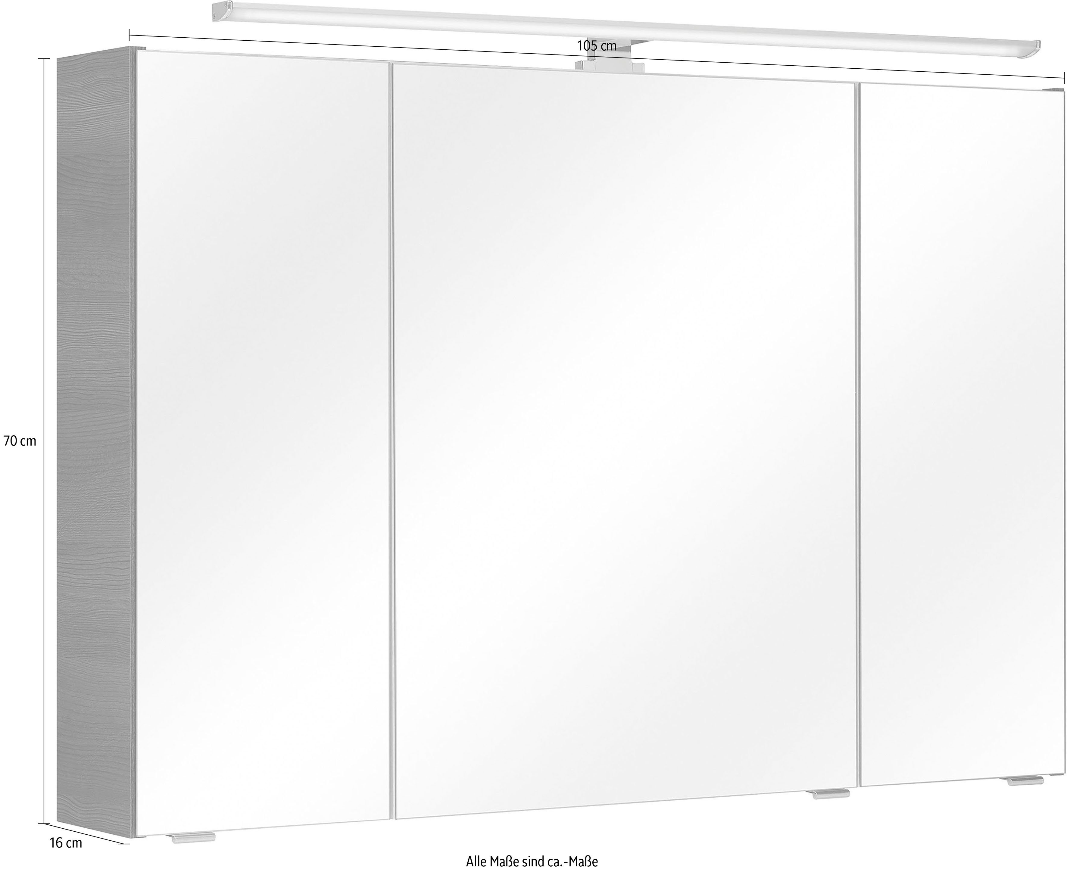 Struktur Spiegelschrank quer Breite | Graphit Schalter-/Steckdosenbox Graphit/Graphit LED-Beleuchtung, 3-türig, PELIPAL cm, Quickset 105