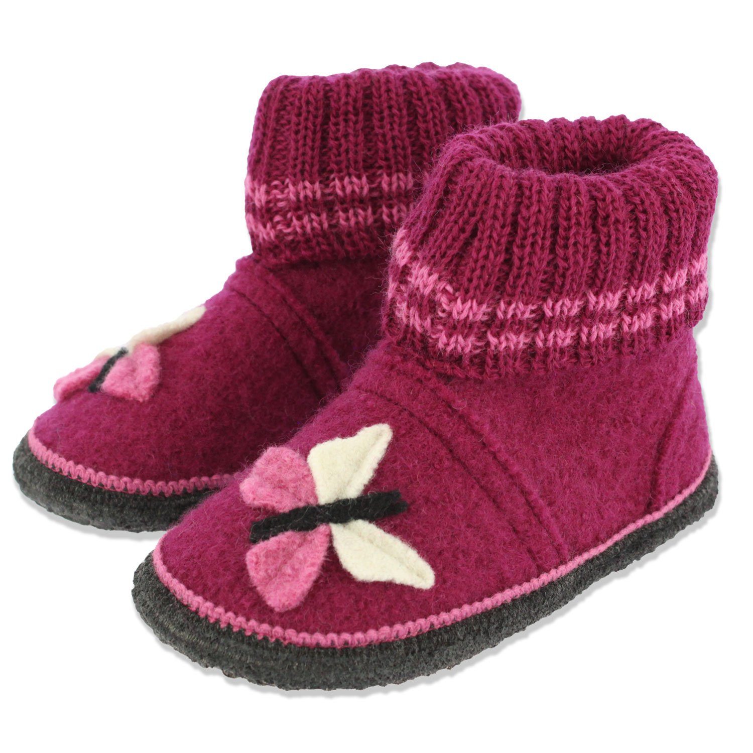 Beck Hüttenschuh Butterfly Hüttenschuhe (aus Österreich, warme Füße für Kita, Schule und Zuhause) rutschfeste Sohle, 100% atmungsaktive Schurwolle