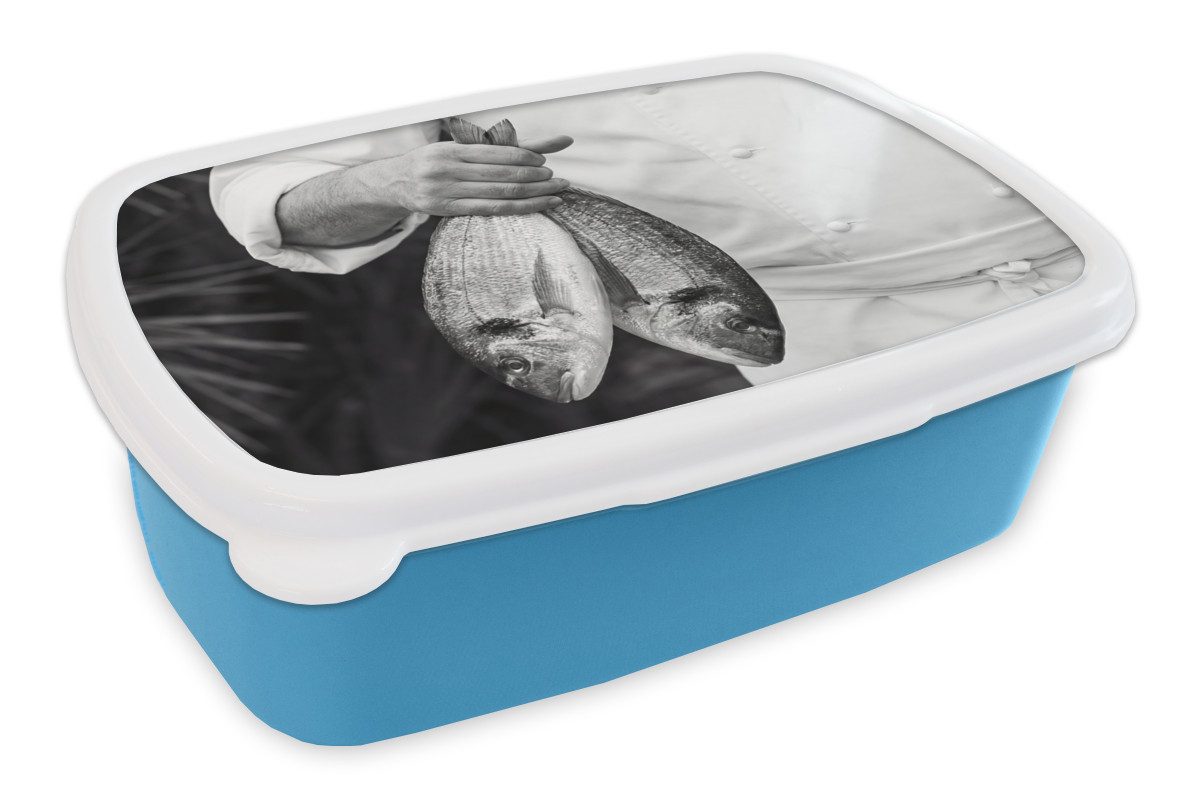 MuchoWow Lunchbox Angeln - Koch - Schwarz - Weiß, Kunststoff, (2-tlg), Brotdose, Lunchbox, Brotbox für Kinder und Erwachsene