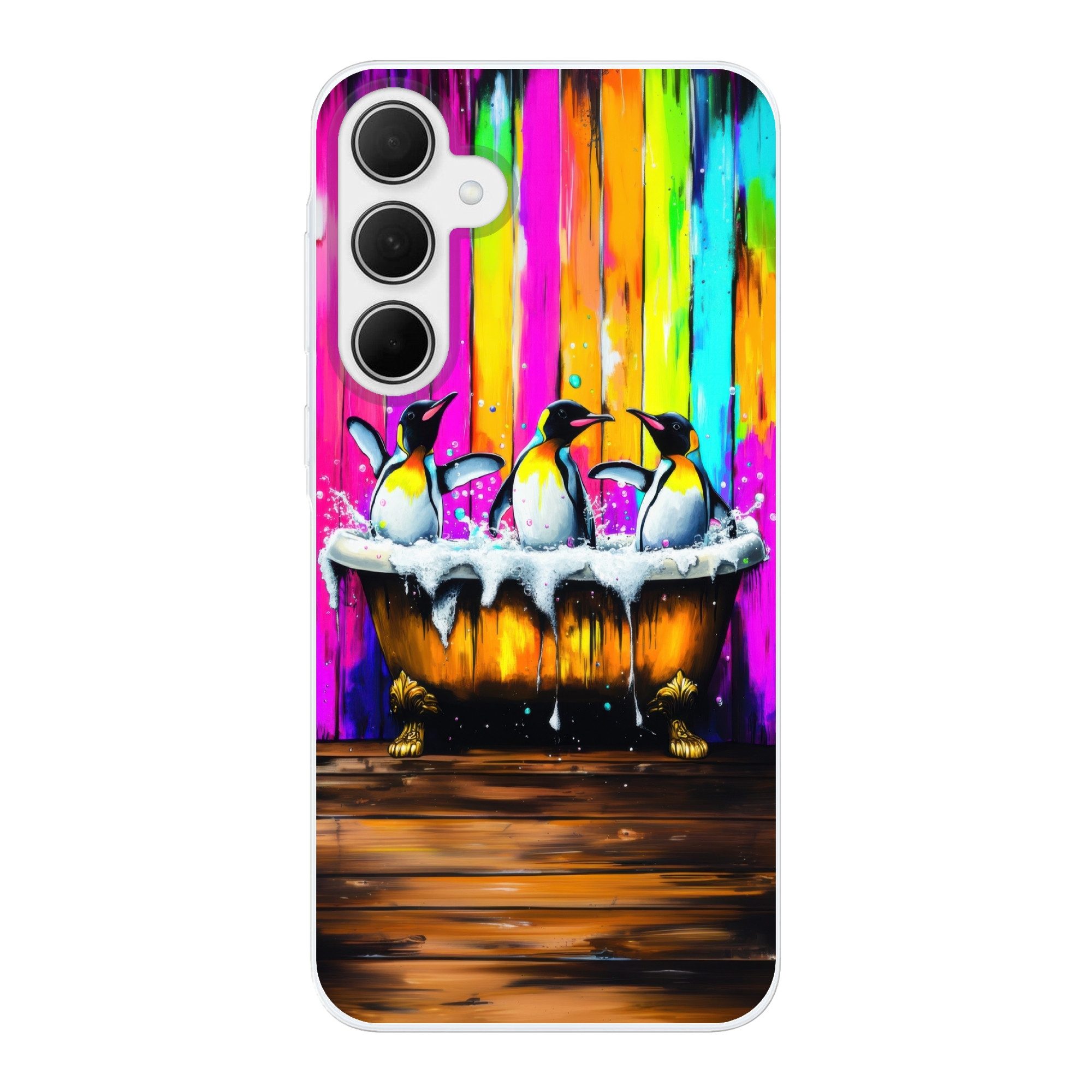MuchoWow Handyhülle für Samsung Galaxy A35 5G Pinguine - Badewanne - Bunt - Schaumstoff, Smartphone-Bumper, Print, Handy Schutzhülle Dünn