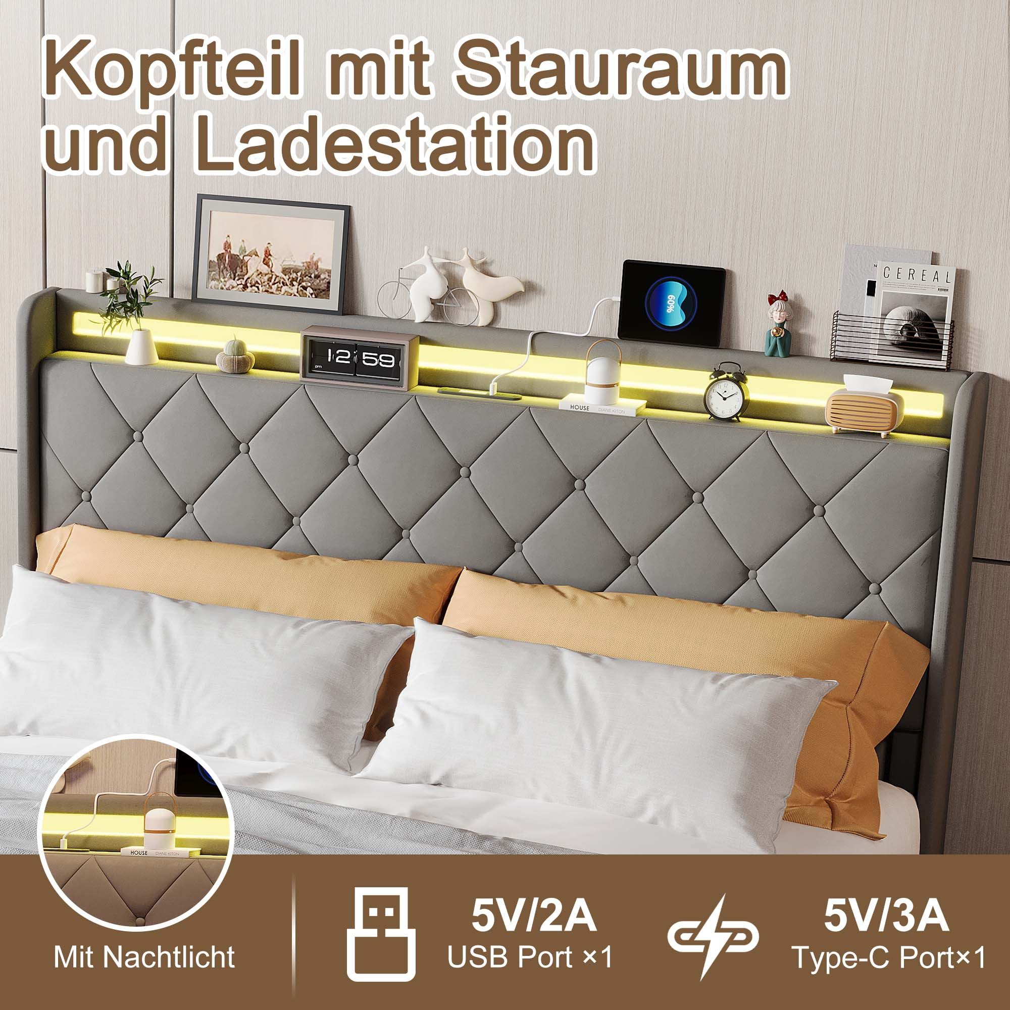 ADWOLT Stauraumbett Polsterbett mit Lattenrost und LED-Beleuchtung, Jugendbett 140x200cm mit USB&Type-C,Doppelbett mit 4 Schubladen,Grau