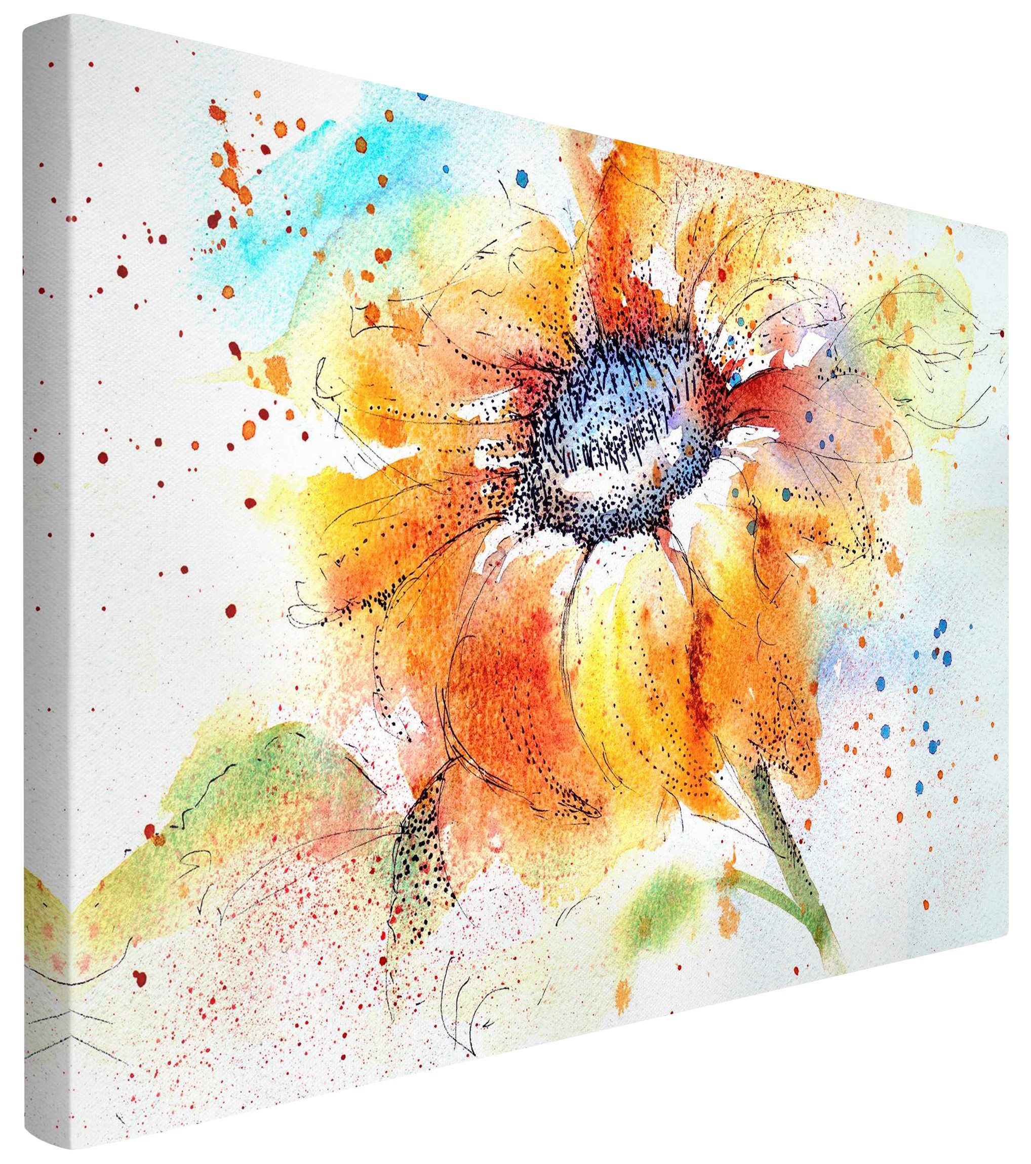 Bilderdepot24 Leinwandbild Blumen Natur Modern Aquarell Sonnenblume orange Bild auf Leinwand XXL, Blumen & Florales, Wohnzimmer Schlafzimmer Küche Flur Wandbild Kunstdruck Wanddeko Druck