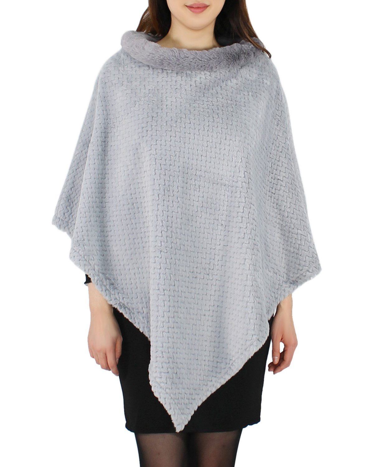 dy_mode Poncho Eleganter Damen Poncho in Kunstfell-Optik Cape Umhang Überwurf in Unifarbe