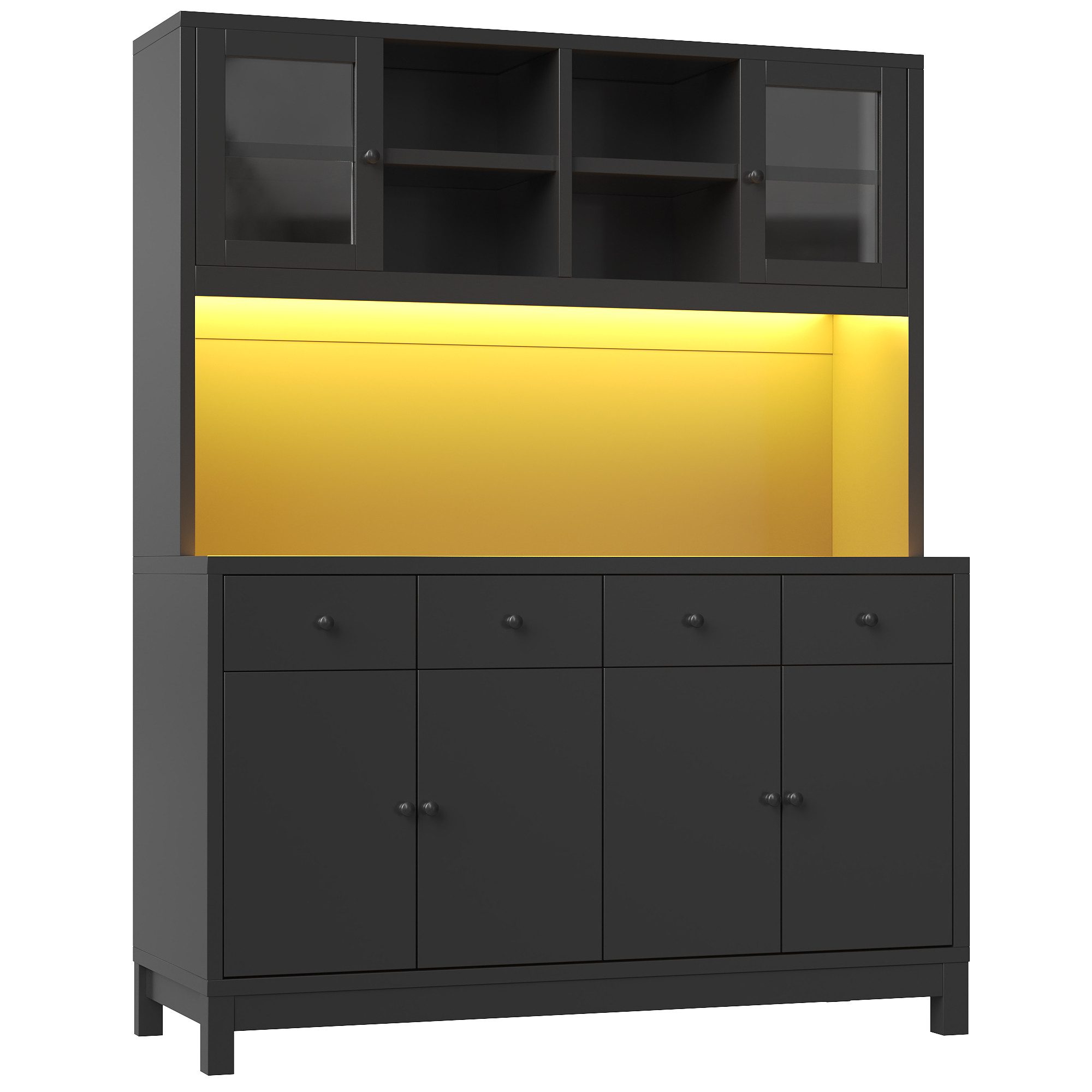 Flieks Küchenbuffet Hochschrank mit App-gesteuerter RGB-LED, Glastüren, 4 Schubladen (mit schwarzer Arbeitsplatte, 1-St., 140x40x180 cm) Küchenschrank Mehrzweck – Bild 5 von 5