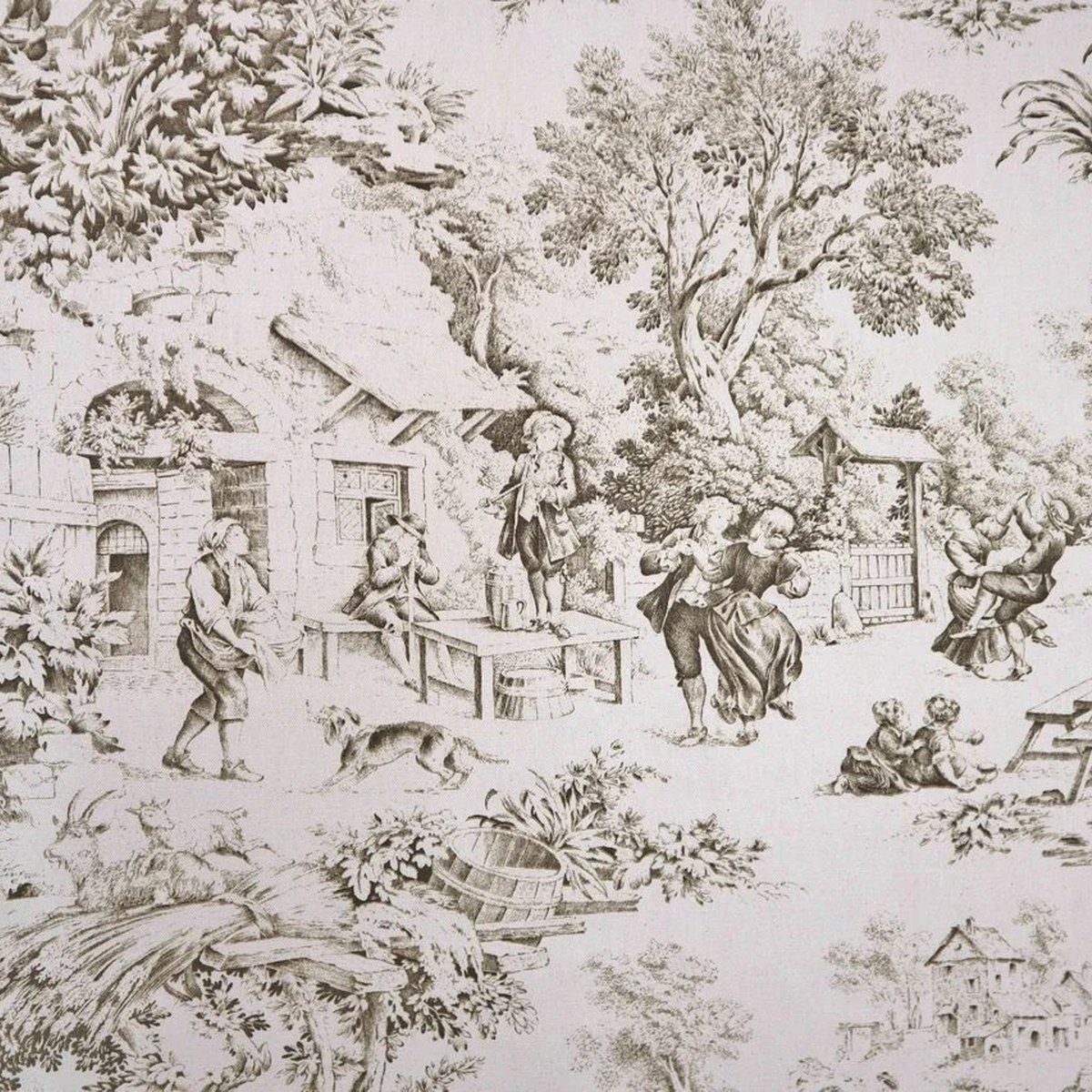 Stofferia Stoff Dekostoff Toile de Jouy Banquet Beige, Breite 140 cm, Meterware