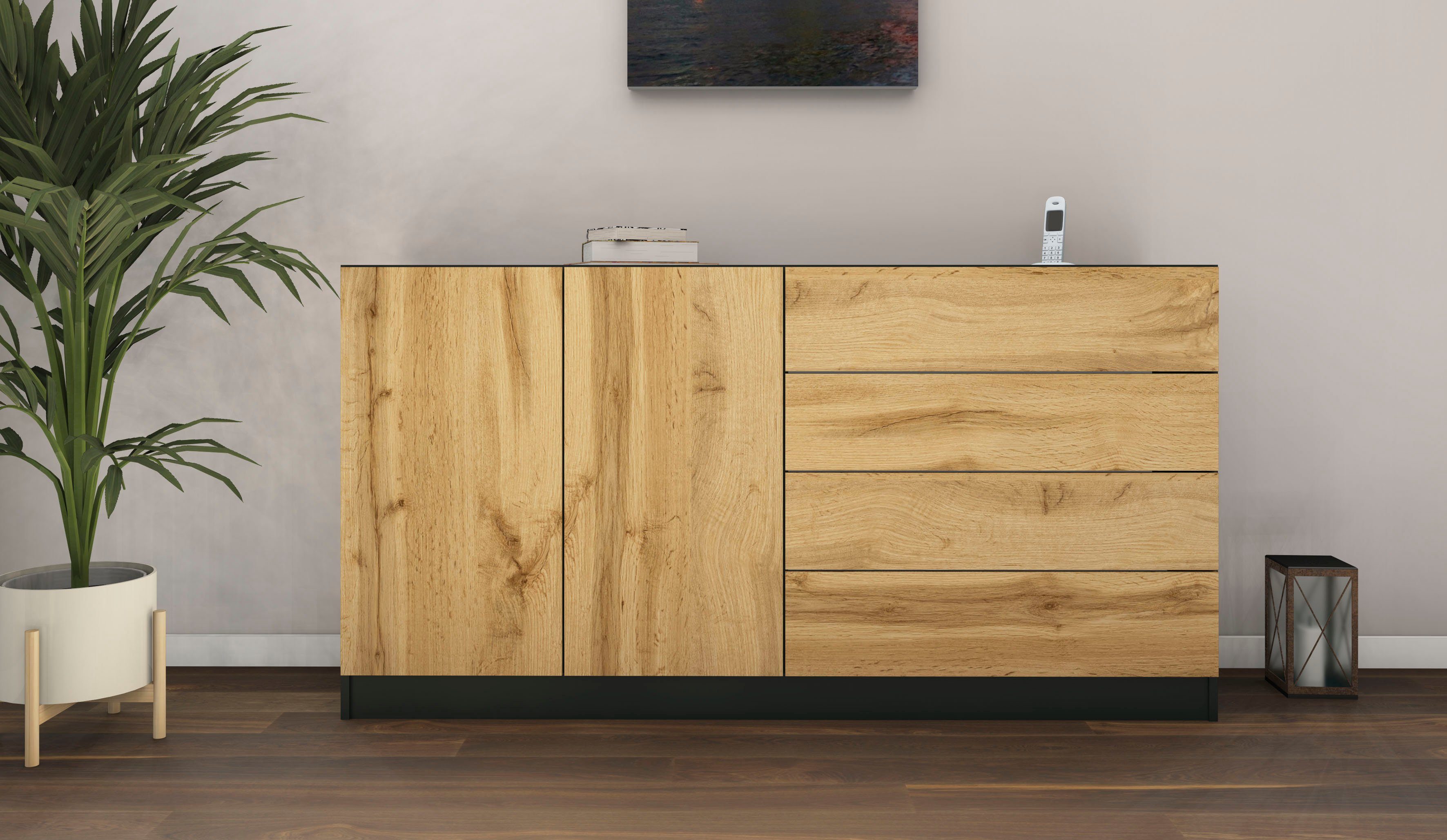 borchardt Möbel Sideboard Vaasa, Breite 152 cm schwarz matt/eichefarben wotan | Sideboards