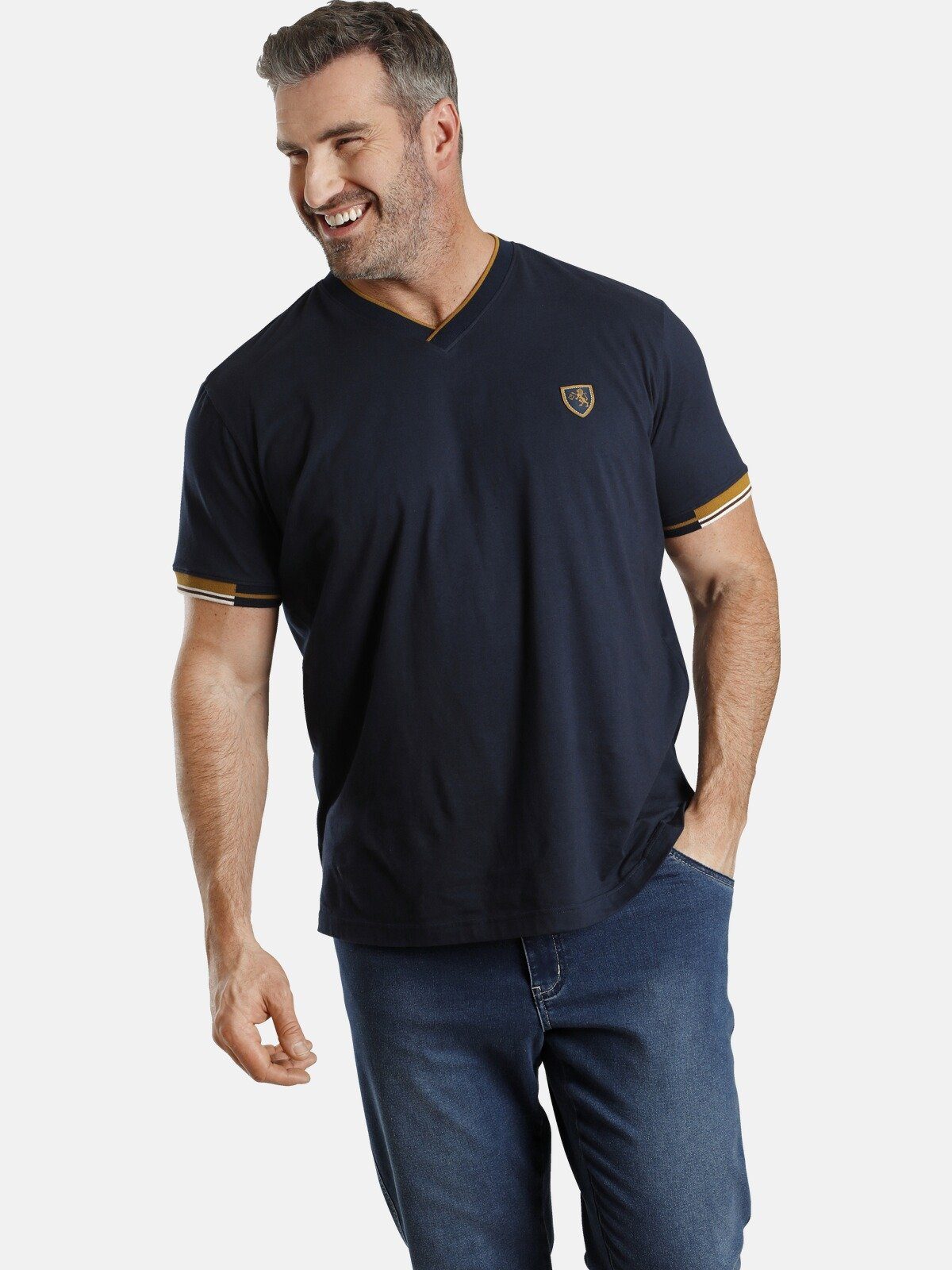 Charles Colby T-Shirt EARL EWAN, V-Ausschnitt im Rippstrick dunkelblau