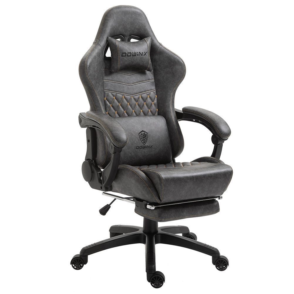 Dowinx Gaming-Stuhl Luxuriöser Chefsessel Ergonomisch aus PU Leder (Packung), Massage-Lendenstütze & Fußstütze, Verstellbarer Bürostuhl 90°-170°