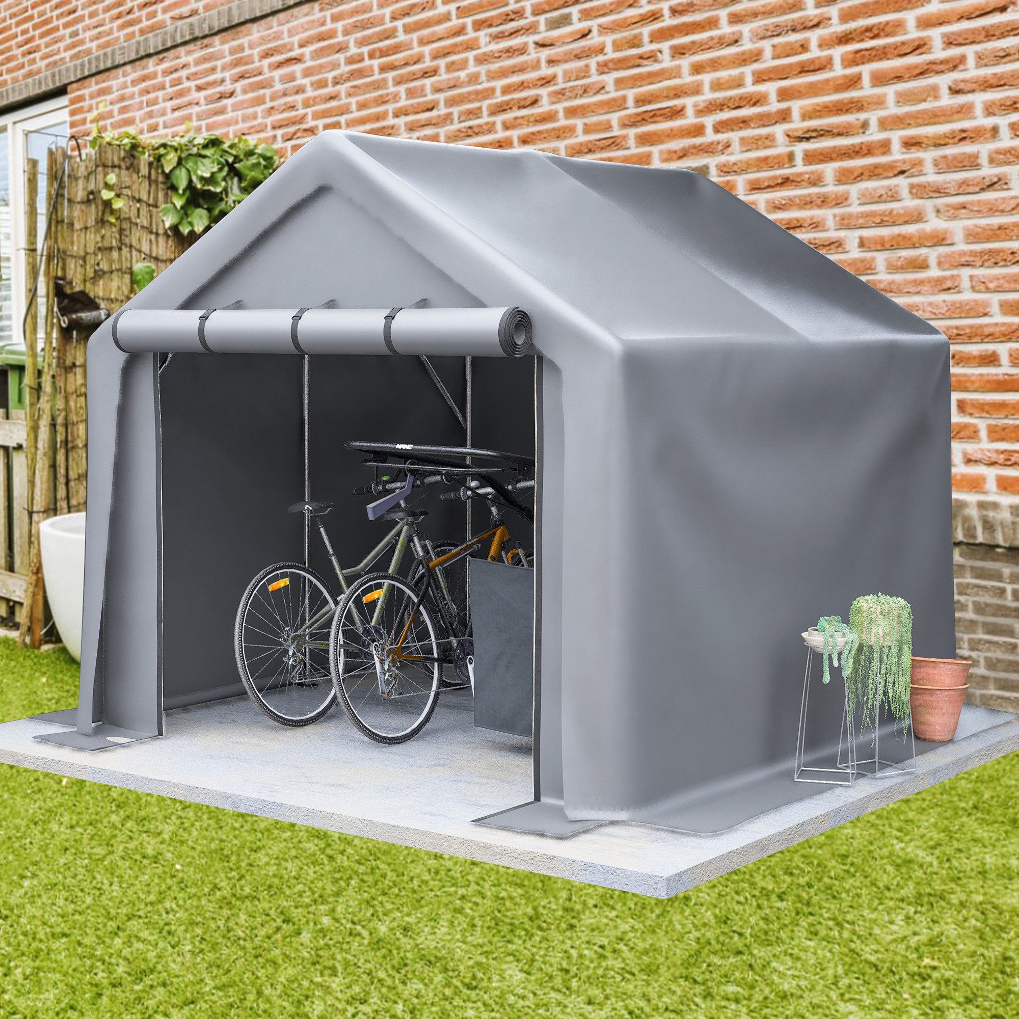 Odikalo Carport-Geräteraum Gerätehaus Garage Werkzeugschuppen Einzelcarport Rolltor Wasserdicht, BxT: 241x217 cm, (Robuster Metall-Geräteschuppen mit wetterfester PE-Plane, Reißverschluss-Rolltor und 244x241x217 cm Stauraum für flexiblen Garteneinsatz)