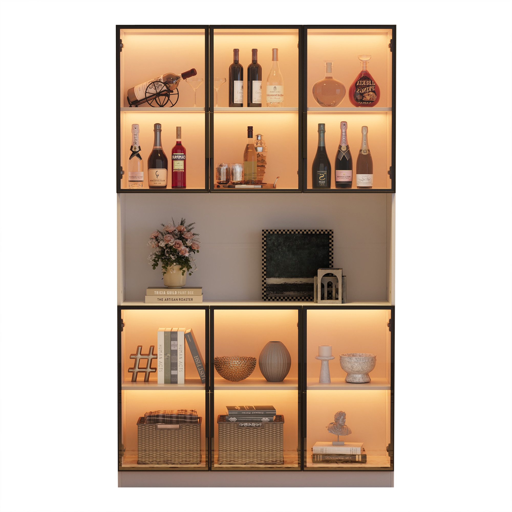 Fine Life Pro Standvitrine 120*34*200cm Vitrine, Glasvitrine mit 6 Schranktüren, mit LED