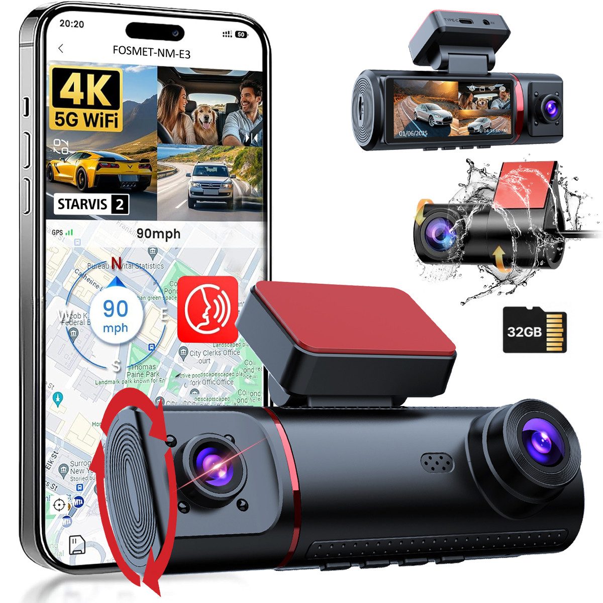 FOSMET Dashcam Auto,3 Channel 3.16" IPS-Bildschirm,mit GPS,WiFi,Auto kamera Dashcam (4K/2,5K+1080P, G-Sensor, 32GB-Karte, wasserfest, 170°Weitwinkel WDR,Loop-Aufnahme,Parküberwachung,Unterstützt 256GB Max)