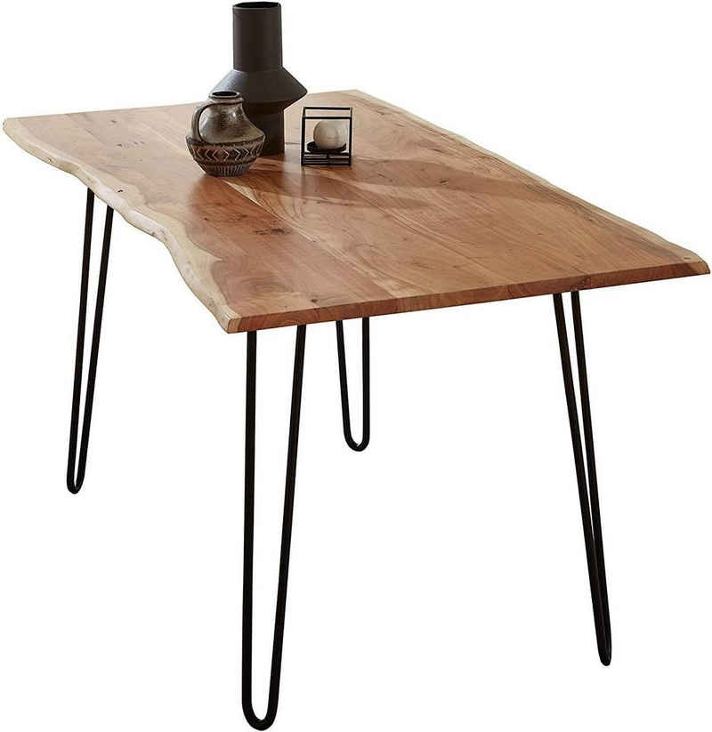 SAM® Baumkantentisch »Hannah«, massives Akazienholz, natur- oder nussbaumfarben mit natürlicher Baumkante, Tischstärke 26mm, top-modernes Hairpin-Gestell aus Roheisen in schwarz