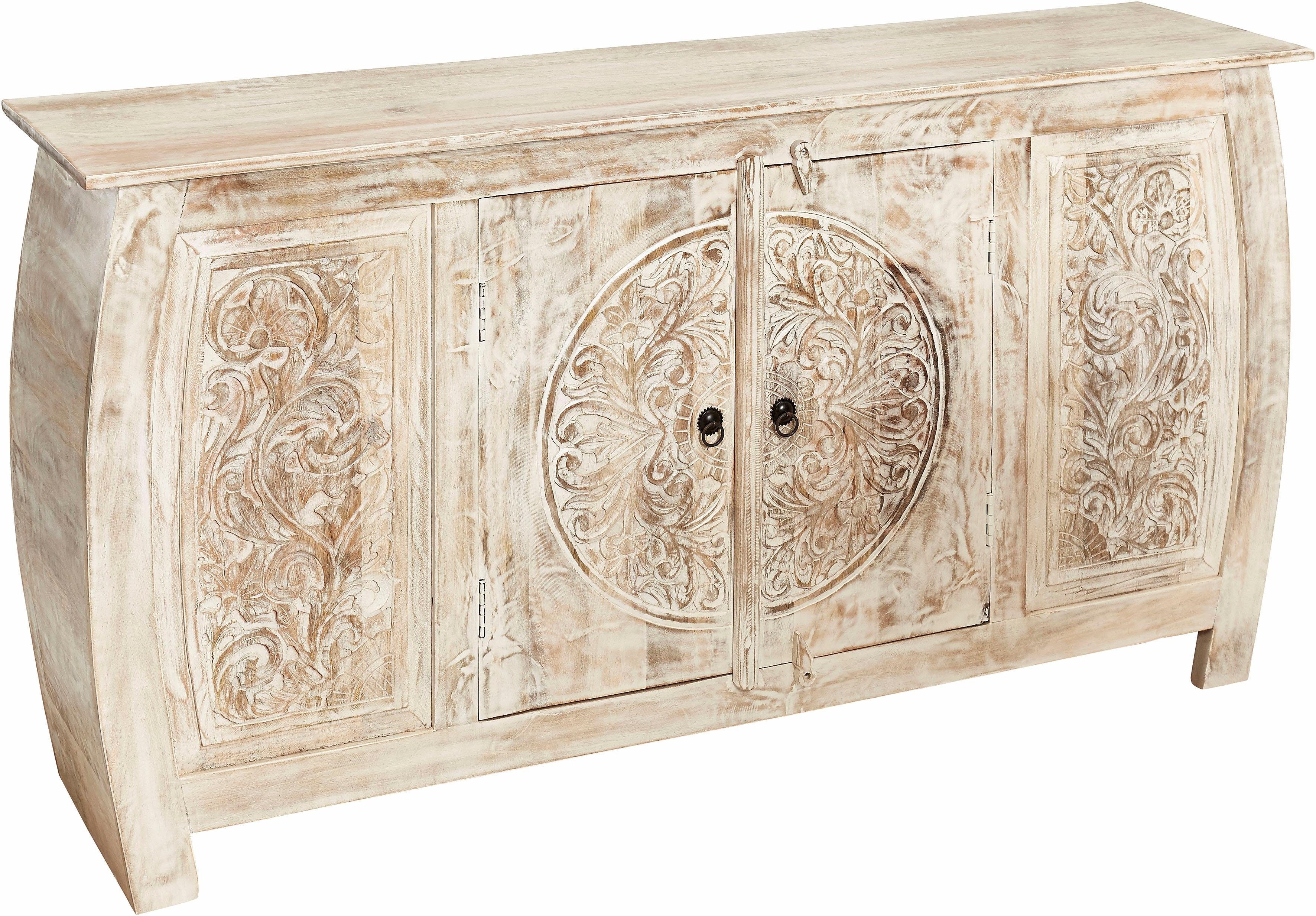 OTTO home Sideboard Mahar Kommode handgefertigt mit 2 Türen, 2 Fächern und Metallgriffen, dekorative handgefertigte Schnitzereien mit Metallgriffen, 166cm breit – Bild 3 von 5