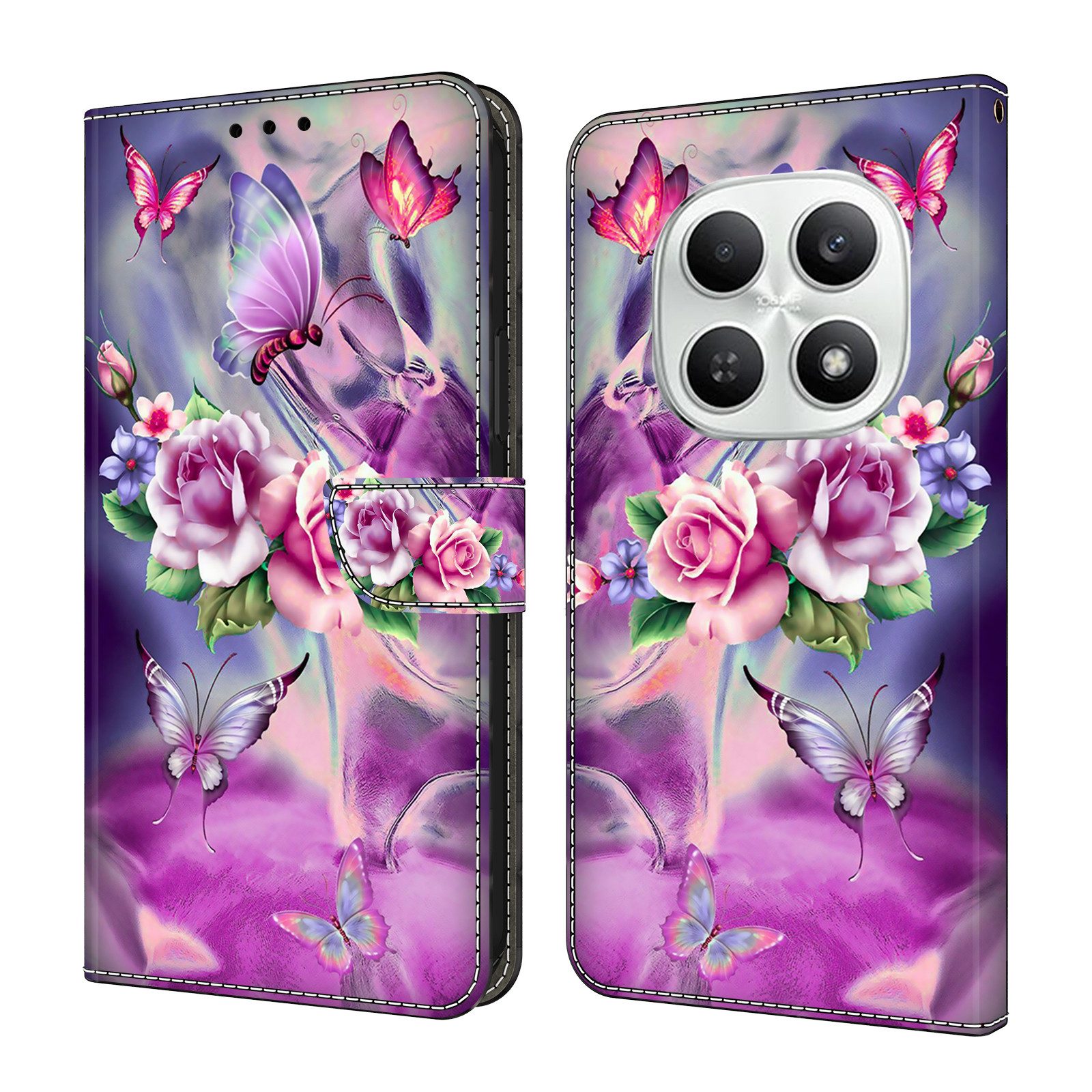 CLM-Tech Handytasche für Xiaomi Redmi Note 15 5G Klapphülle aus PU Leder (lila Blumen Schmetterlinge, 1-tlg., Flip Case), Magnetverschluss, Standfunktion und Kartenfächer