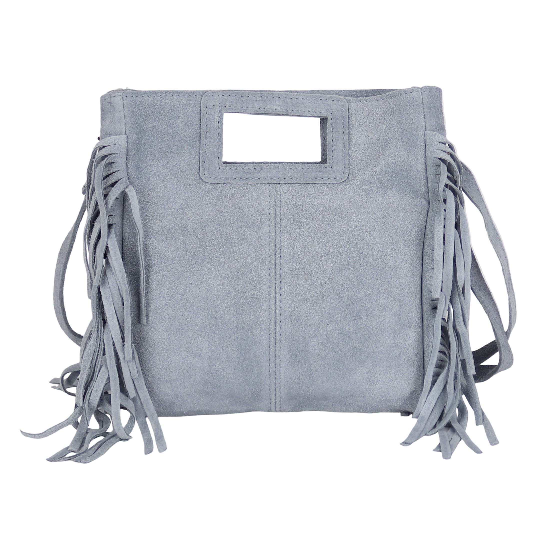 MIRROSI Umhängetasche Damen Crossbody Bag, Echtleder Made In Italy, wunderschöne Fransen (23x24x7cm) aus Wildleder
