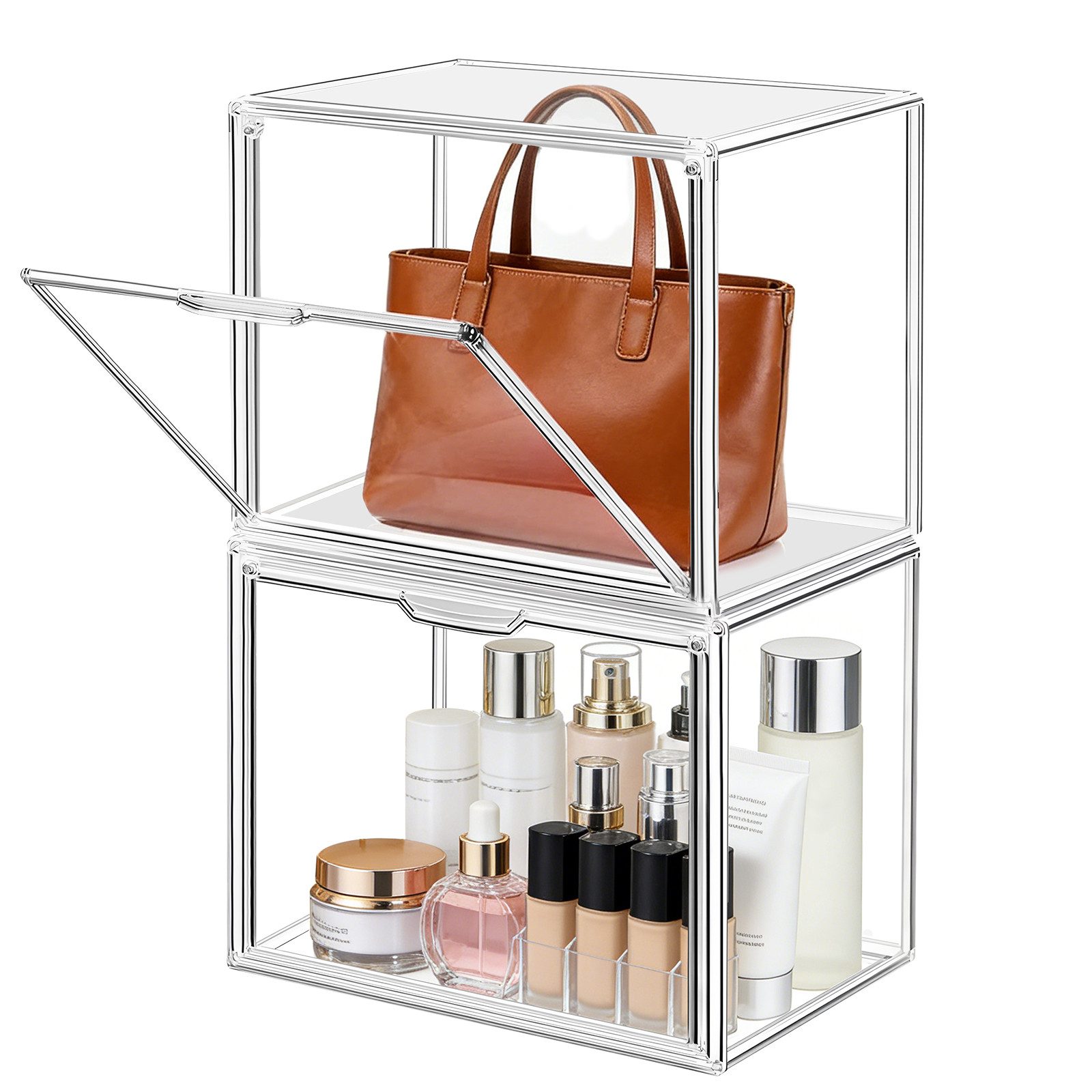 XERSEK Aufbewahrungsbox Transparente Displaybox Acryl Organizer Handtasche Schaukasten Vitrine (Set, 2 St., 40×25×30cm Stapelfähig), für Figuren, Handtaschen, Spielzeug, Handwerk, Bücher