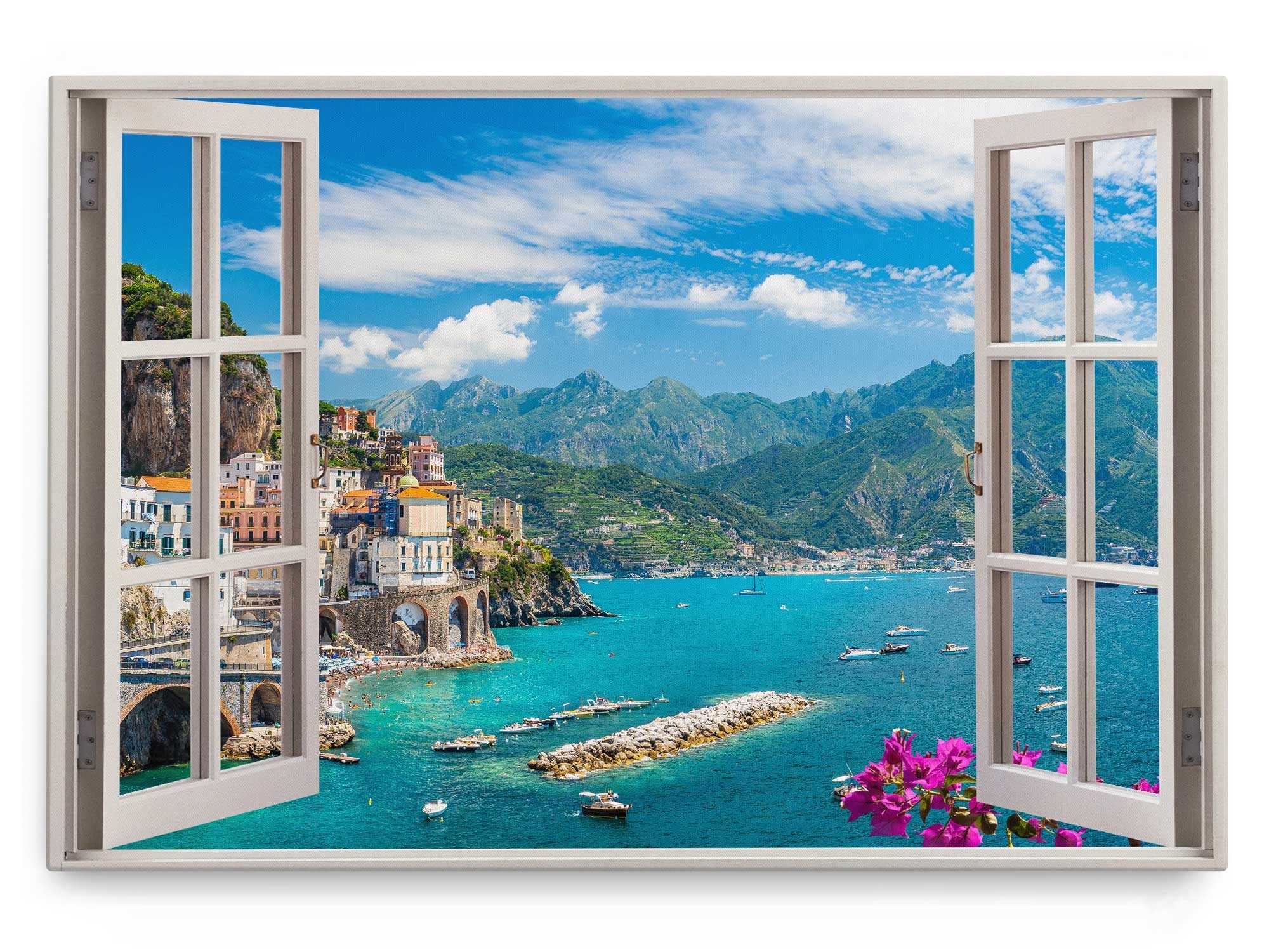 Sinus Art Leinwandbild Wandbild 120x80cm Fensterbild Italien Küste Küstenstadt Historisch Ber, (1 St)