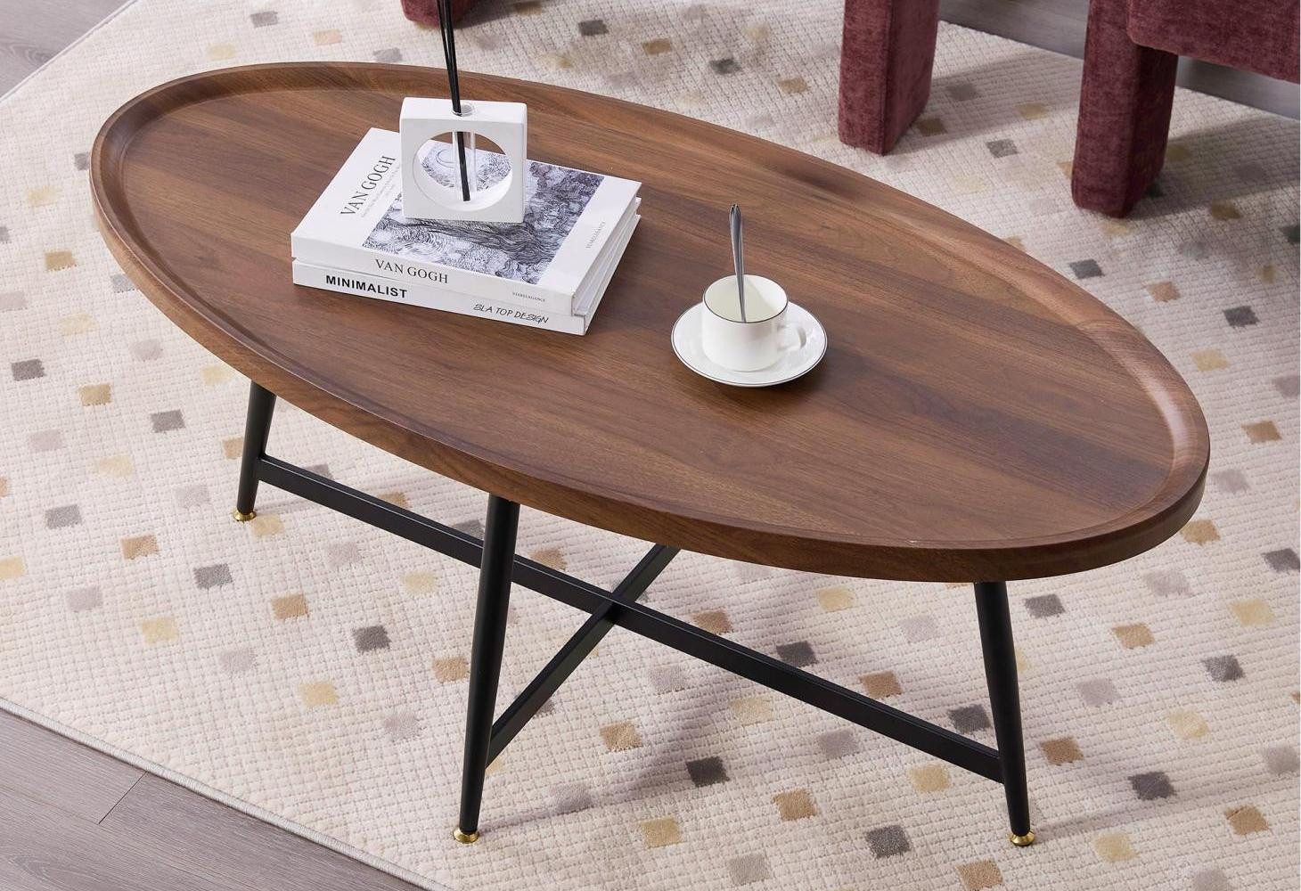 LVHOM Beistelltisch 55x110x45cm ovales Design, verstellbare, rutschfeste Beine (3cm dicke Tischplatte, stabile, schwarze, kreuzförmige Metallbeine, bis 50 kg, kratzfest, wasserfest, pflegeleicht), ideal als Couchtisch,Beistelltisch neben dem Sofa / kleiner Esstisch