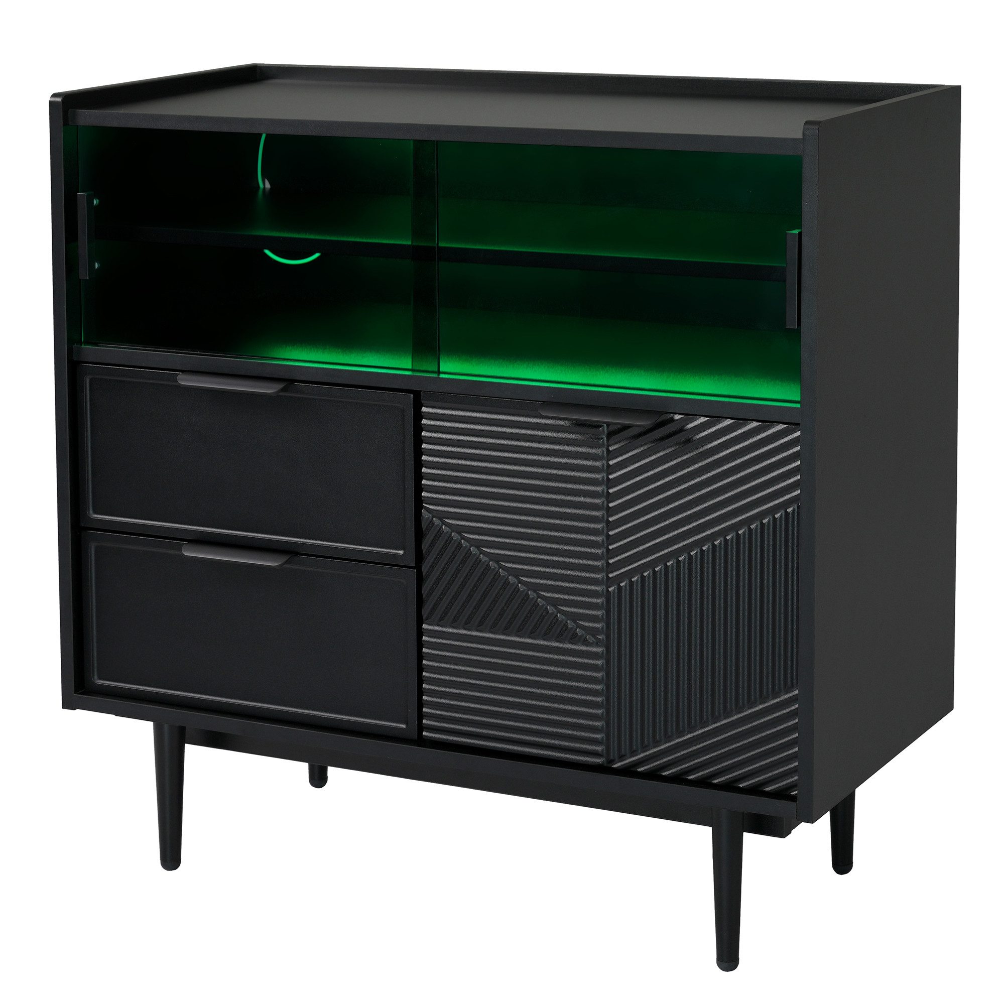 Flieks Sideboard mit 2 Schubladen und 2 Glasschiebetüren (1 St., B80/T35/H80 cm), Kommode mit LED-Beleuchtung Wohnzimmerschrank Schwarz, Metallbeine