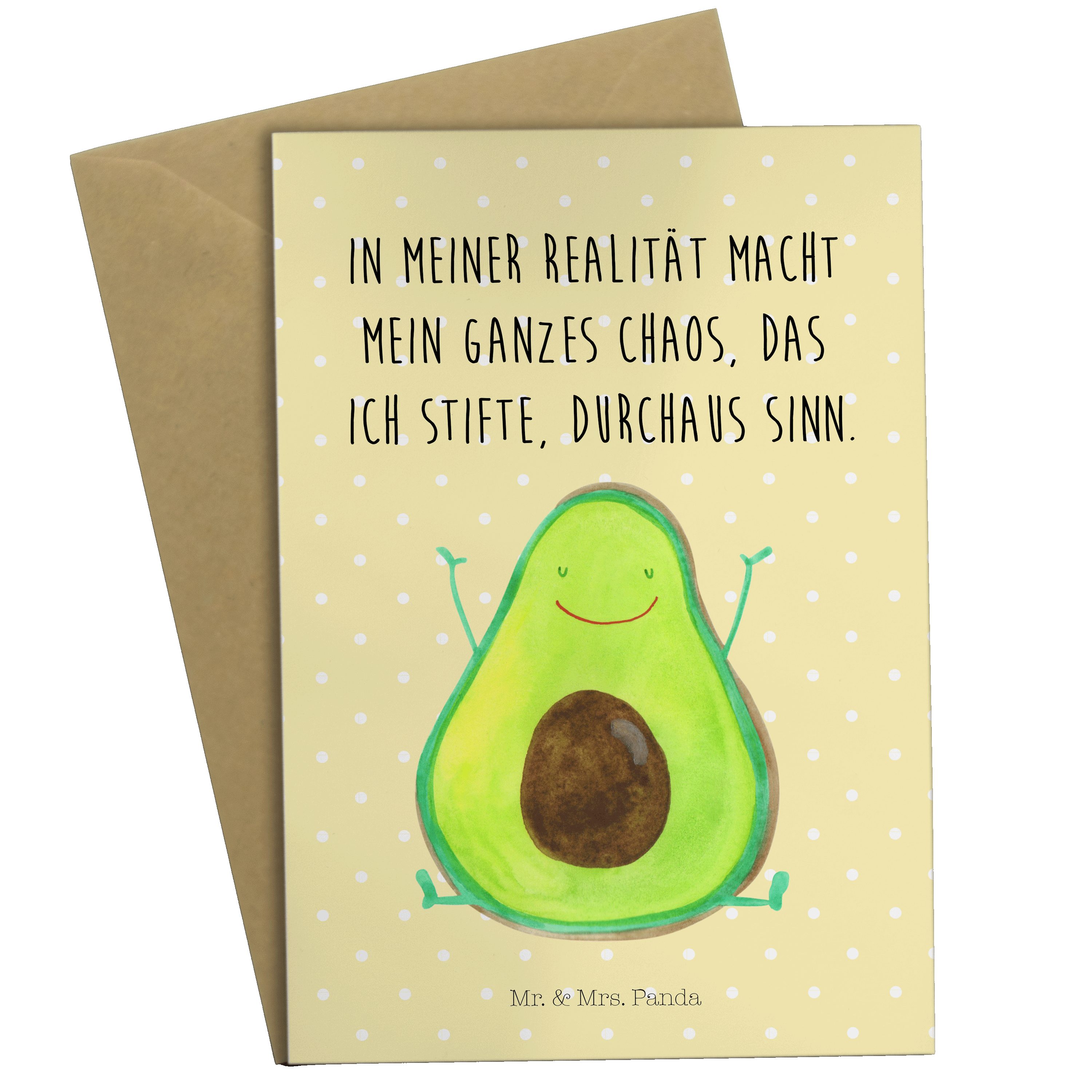 Mr. & Mrs. Panda Grußkarte Avocado Happy - Gelb Pastell - Geschenk, Gesund, Glückwunschkarte, Ka