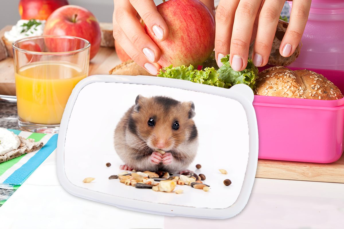 MuchoWow Lunchbox Hamster frisst Samen, Kinder, für Mädchen, (2-tlg), Erwachsene, Snackbox, Brotdose rosa Kunststoff Kunststoff, Brotbox