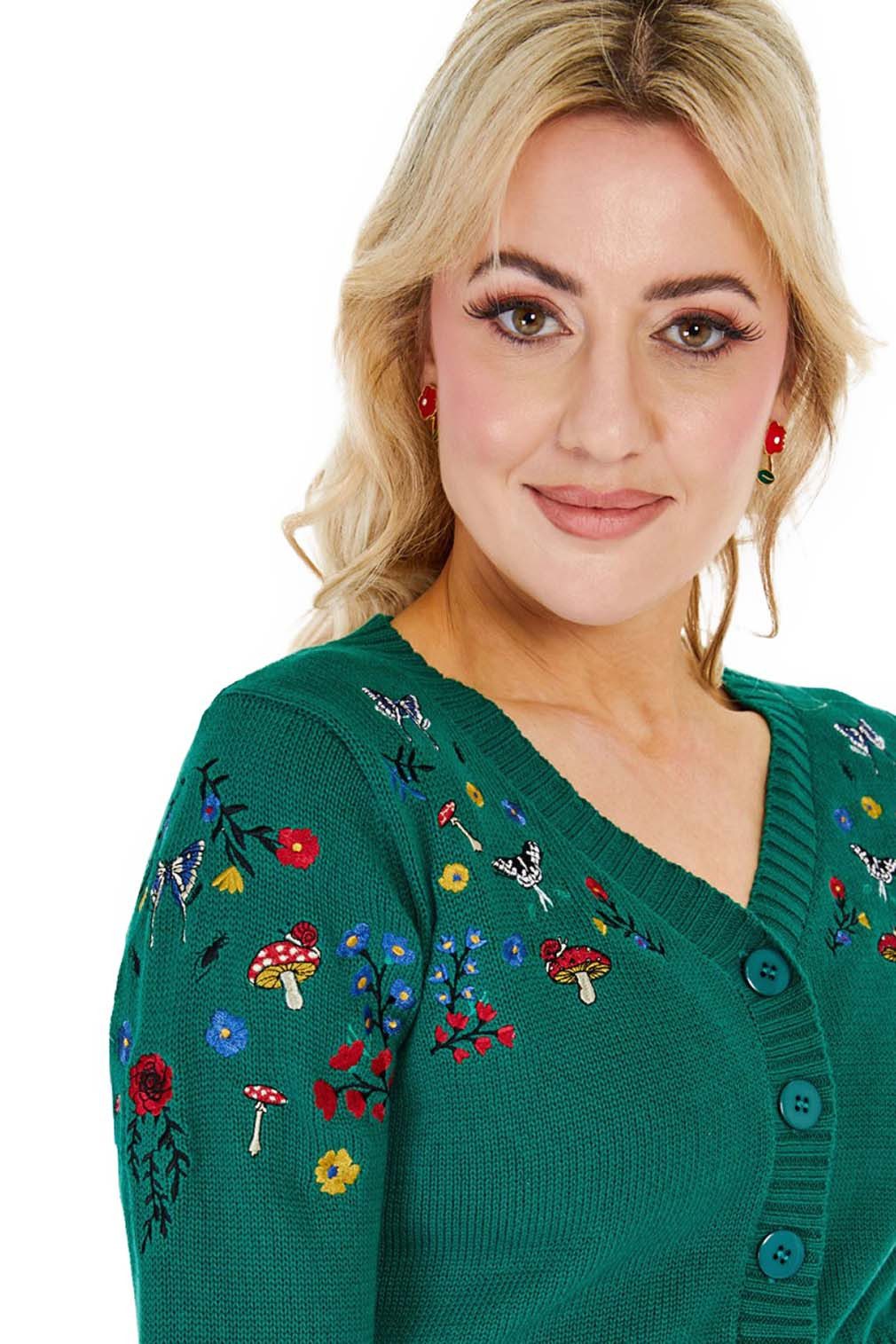 Voodoo Vixen Strickjacke Woodland Embroidery Cropped Cardigan Grün Retro Vi günstig online kaufen