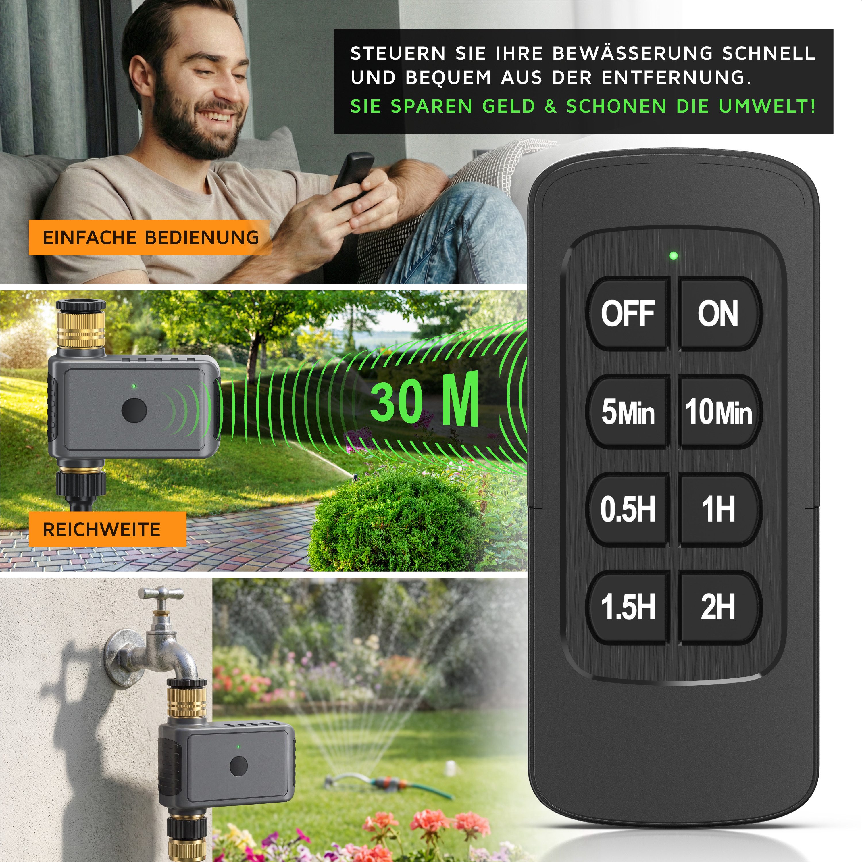 Brandson Bewässerungscomputer Funk Fernbedienung, automatische Bewässerungsanlage, Gartenbewässerung, Bewässerung für Balkon Garten Terrasse, 6 Zeitstufen, Ventilverschluss