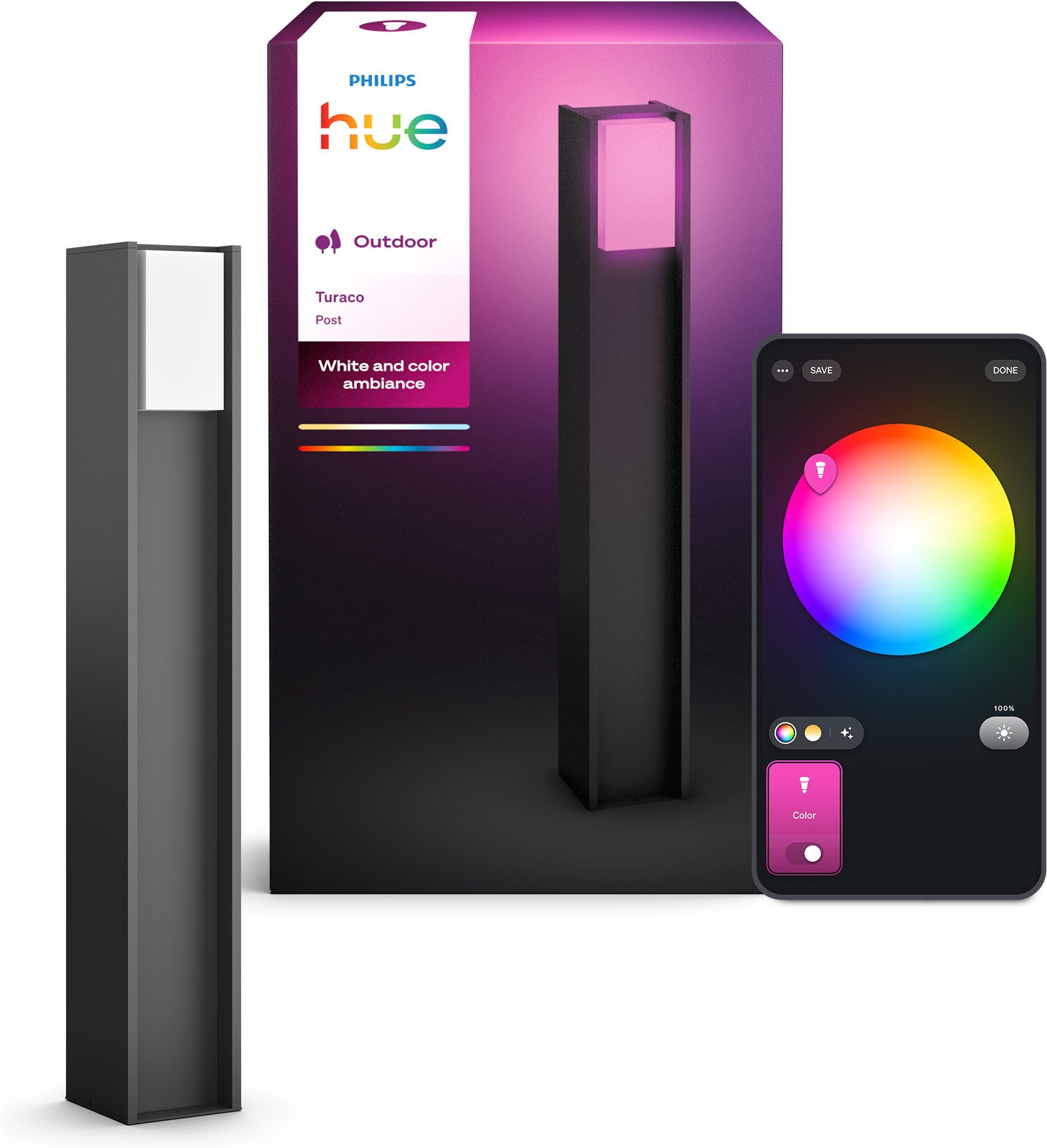 Philips Hue LED Außen-Stehlampe Turaco Wegeleuchte Weiß- & Farblicht, Blinker, Dimmer, Farbwechsel, Memoryfunktion, Smart Home, Timerfunktion, erweiterbar, mehrere Helligkeitsstufen, LED wechselbar, RGB, 1100lm, IP44 wetterfest, inkl. Leuchtmittel, anthrazit