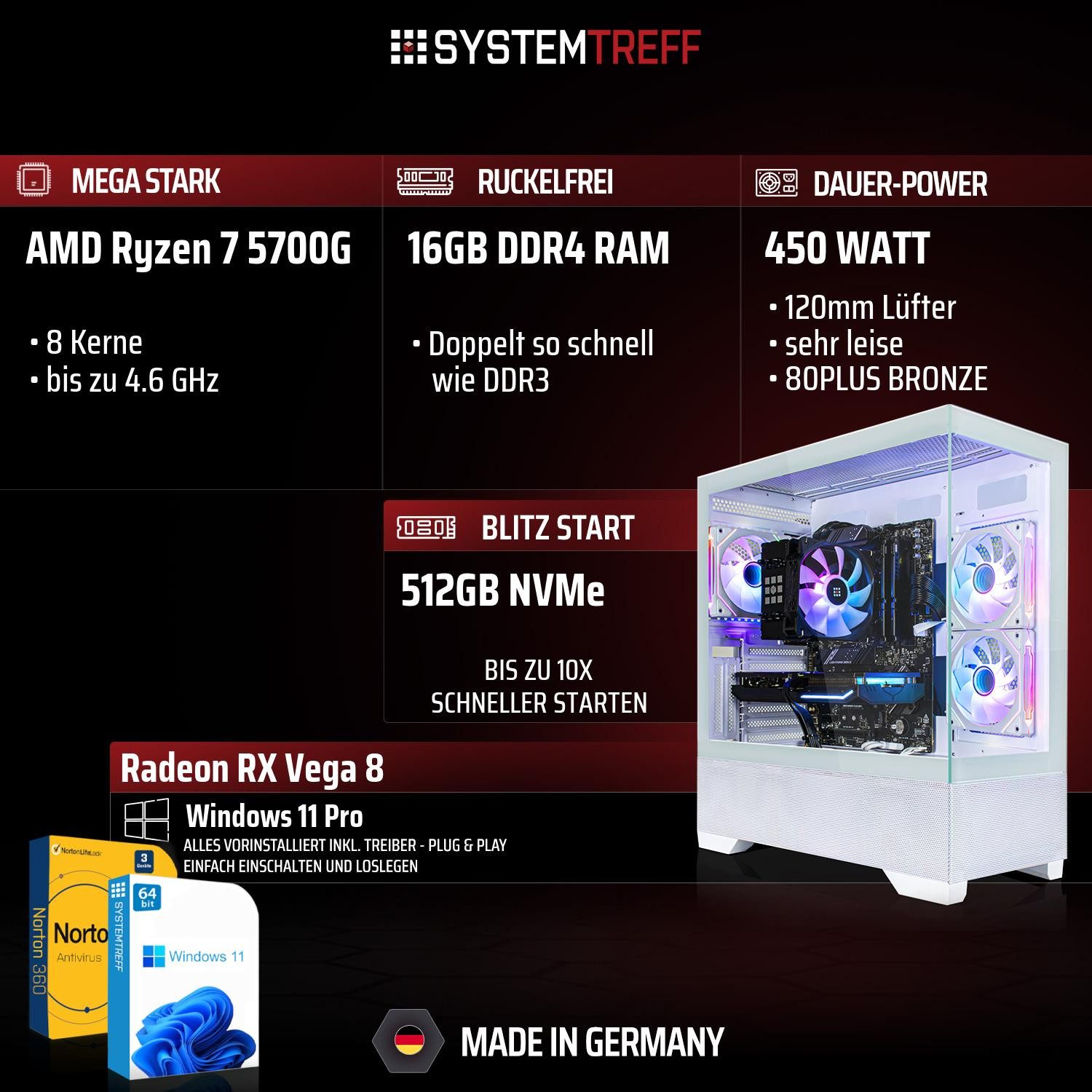 SYSTEMTREFF AMD Ryzen 7 5700G mit Radeon RX Vega 8 PC (AMD 5700G 5700G, RX Vega 8, 16 GB RAM, 512 GB SSD, Luftkühlung)