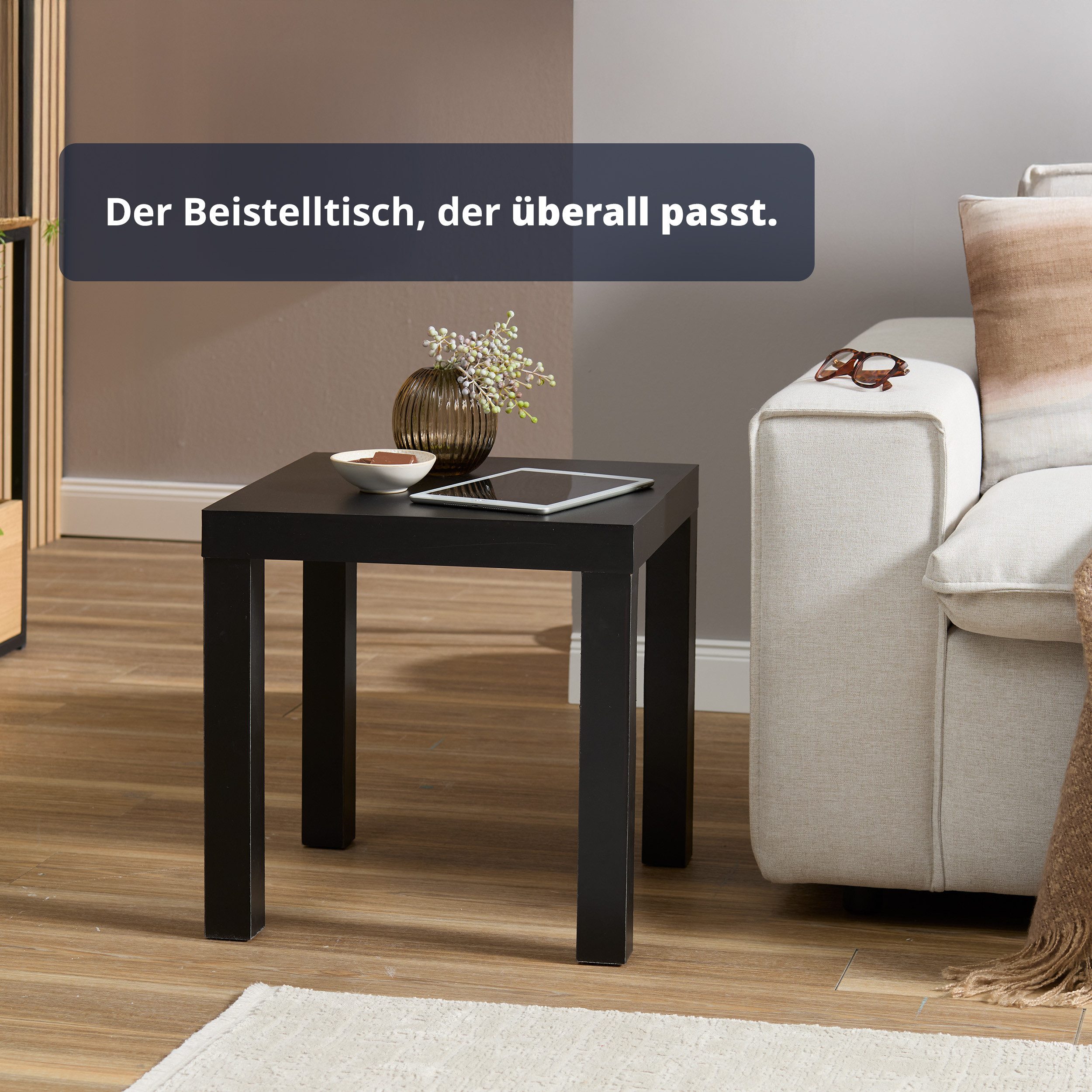 KHG Beistelltisch kleiner Couchtisch quadratisch, Nachttisch Schwarz (Holzwerkstoff foliert, 5 kg belastbar, 45x45x45 cm, pflegeleicht, ideal für Wohn- und Schlafzimmer), Pflegeleicht, Quadratisch
