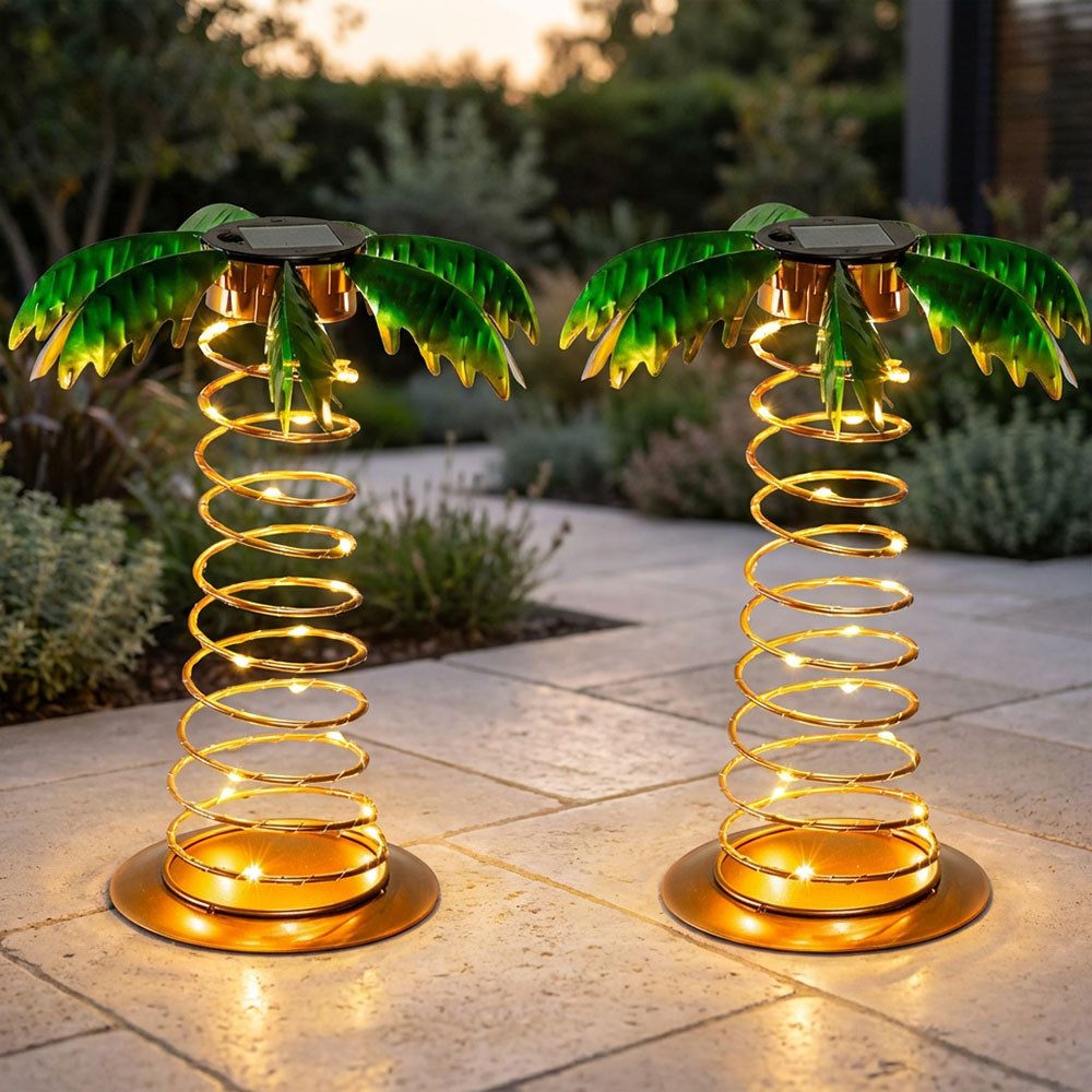 Haushalt International LED Dekofigur, LED-Leuchtmittel fest verbaut, Warmweiß, 2x Solarleuchte LED Palme Skulptur Tischlampe Gartendeko Außen