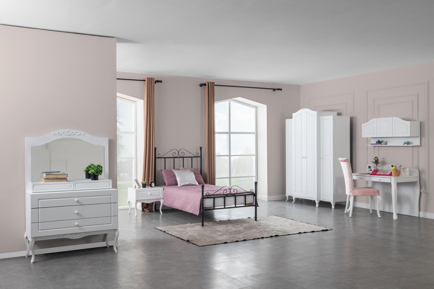 Jugendzimmer-Set Mädchenzimmer Set in Weiß mit Bett, Nachttisch und Kleiderschrank