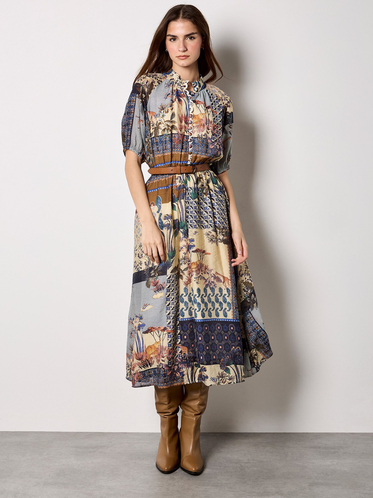 Apricot Druckkleid Midi-Kleid mit Patchwork-Print Gemustert