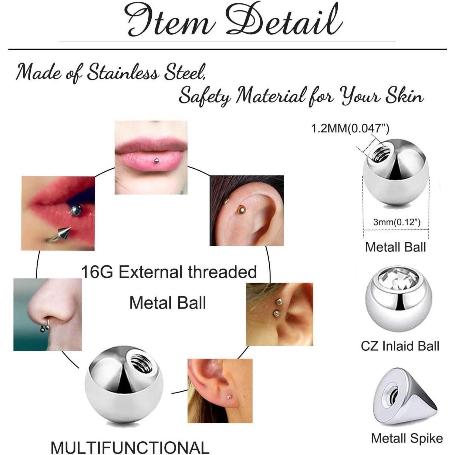 Besyvvin Piercing-Set 20er Piercing Kugel 1,2mm Chirurgenstahl 3mm Ersatzkugeln für Lippe