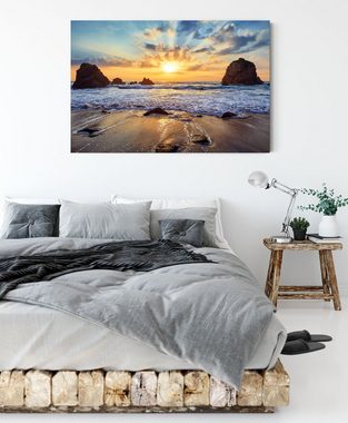 Pixxprint Leinwandbild Sandstrand mit Felsen im Sonnenuntergang, Sandstrand mit Felsen im Sonnenuntergang (1 St), Leinwandbild fertig bespannt, inkl. Zackenaufhänger