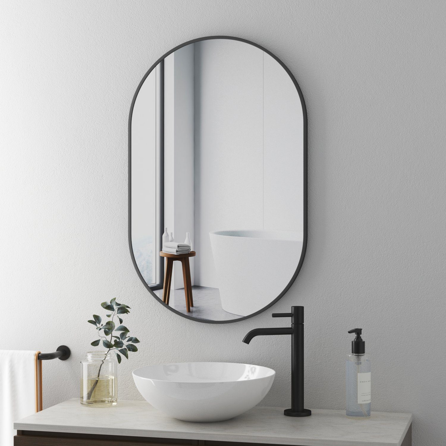 Boromal Badspiegel Rund Bogen Spiegel Wandspiegel Schwarz 50x80cm mit Alu Rahmen (Badezimmerspiegel 80x50cm, 5mm HD spiegel, mit Sicherheitsfolie), 2 Installationsmethoden