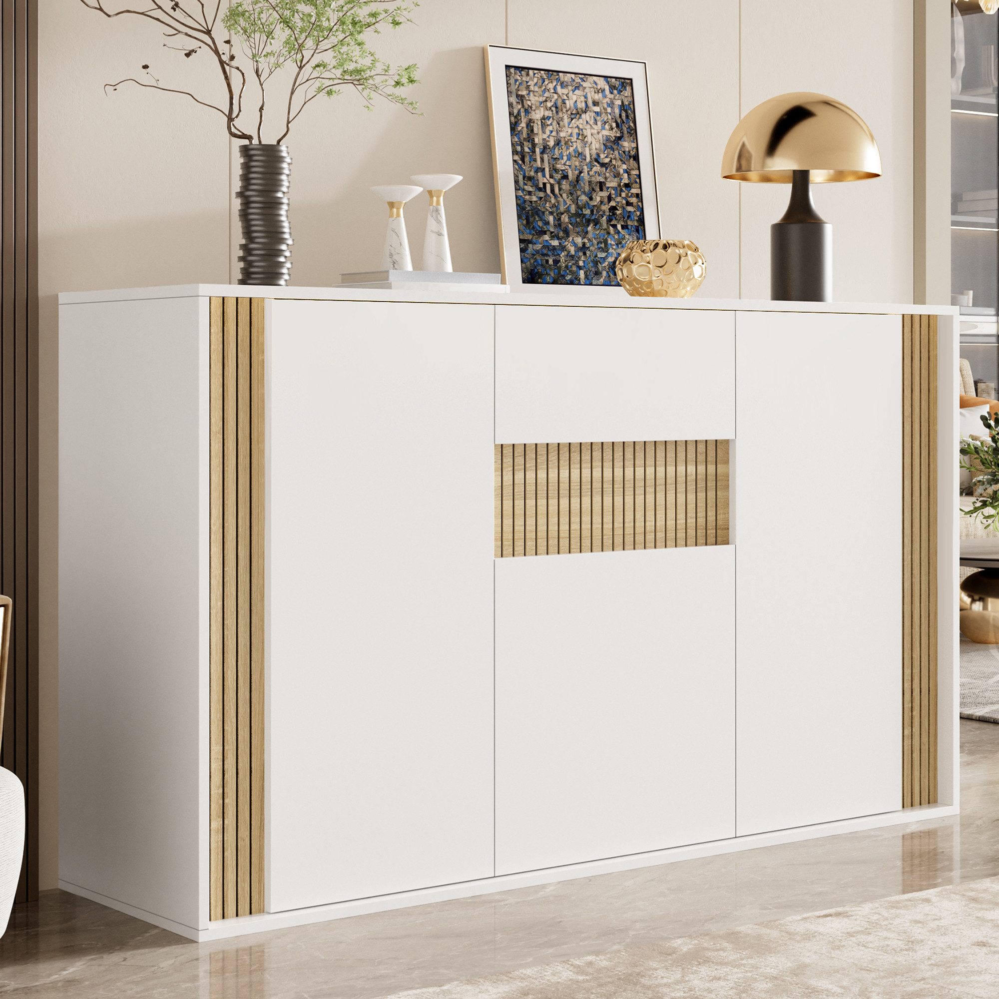 Flieks Kommode mit verstellbarer LED-Beleuchtung, 1 Schublade und 3 Türen (140×40×82 cm, 1 St), Sideboard Mehrzweckschrank Multifunktionsschrank Holzoptik&Weiß – Bild 4 von 5