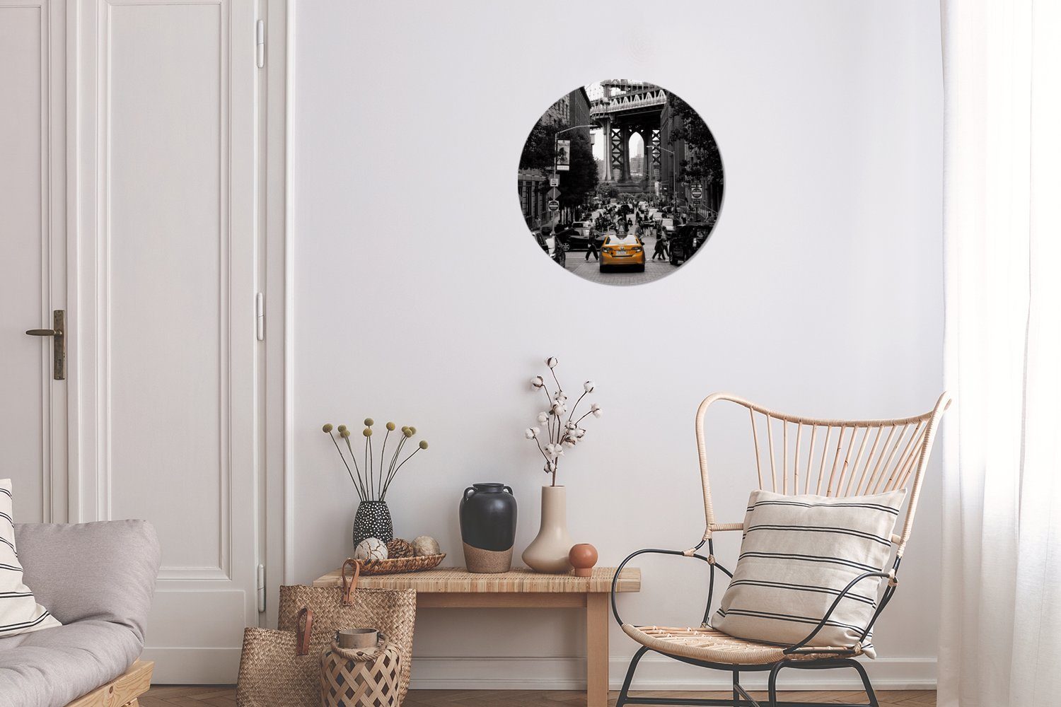 Gemälde amerikanischen Schwarz-Weiß-Foto Wandbild, im MuchoWow Rundes Forex, gelben mit Wohnzimmer, cm 30x30 einem New York, Taxi St), Wanddekoration (1 Kreis