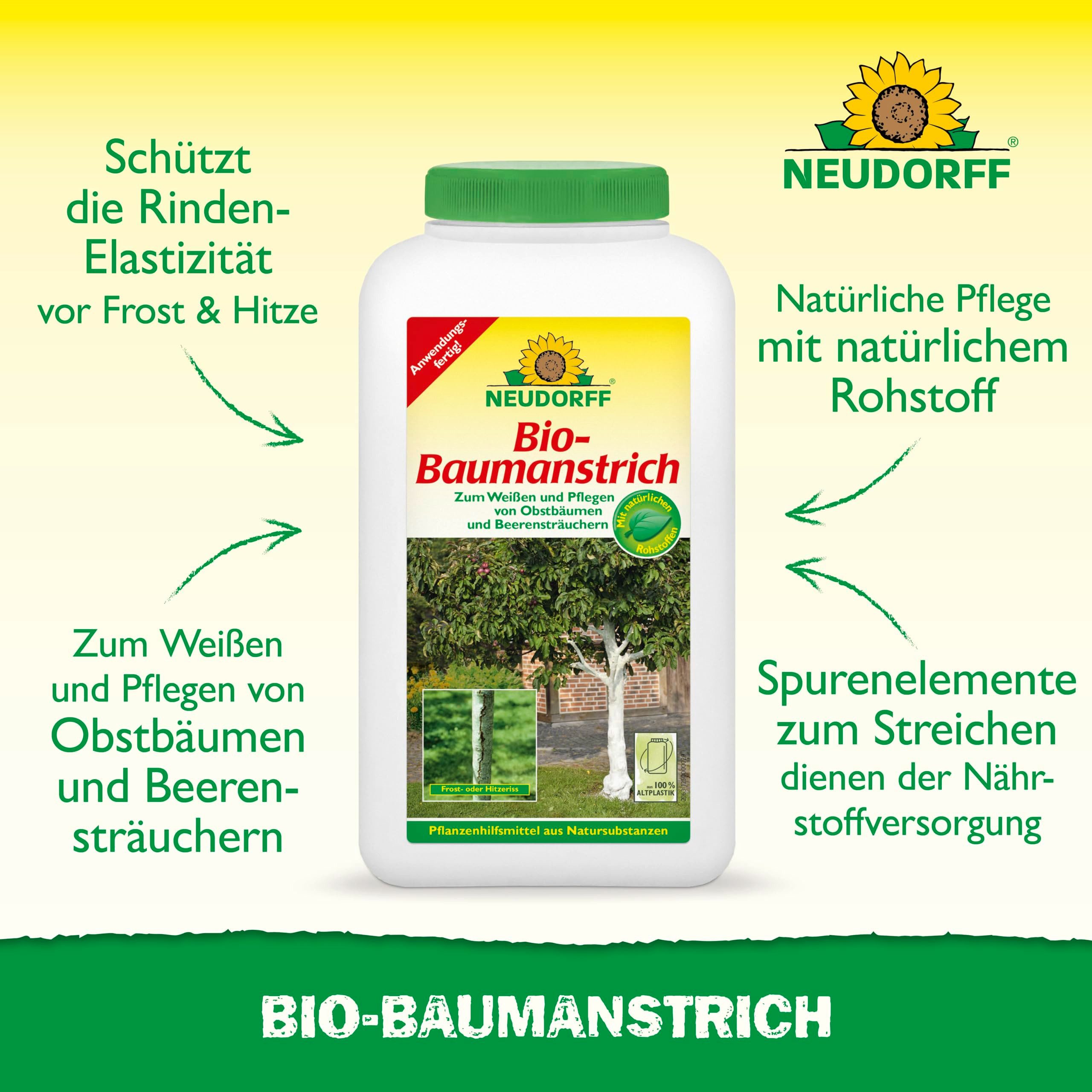 Neudorff Baumanstrich Bio-Baumanstrich 2L in max. 24h abgebunden, Anwendungsfertiger Kalkanstrich für Obstbäume zum natürlichen Weißen und Pflegen von Obstbäumen und Beerensträuchern, Weißanstrich kann ganzjährig an trockenen, Pflanzenhilfsmittel aus Natursubstanzen