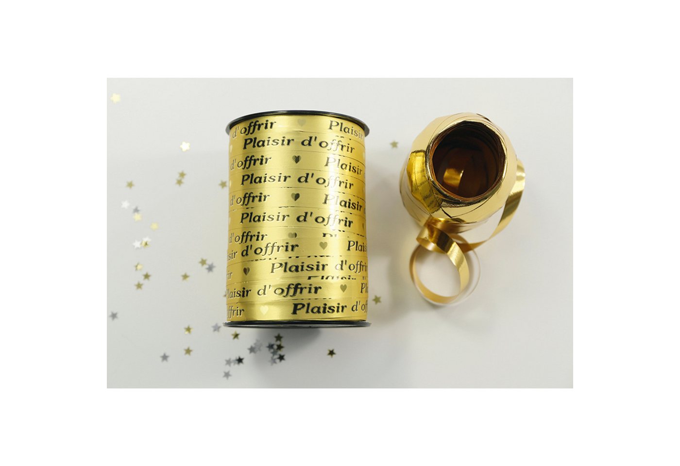 Thumbnail - CLAIREFONTAINE Geschenkband Geschenkband 250mx10mm Beschriftung Plaisir d'offrir Gold 602175C, Geschenkpapiere und Verpa...