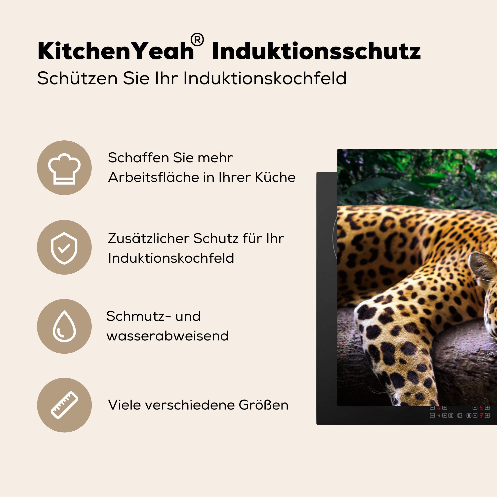 MuchoWow Herdblende-/Abdeckplatte cm, Kofferraum Schutz (1 tlg), Jaguar die Dschungel, Induktionskochfeld Ceranfeldabdeckung - küche, Vinyl, für - 81x52