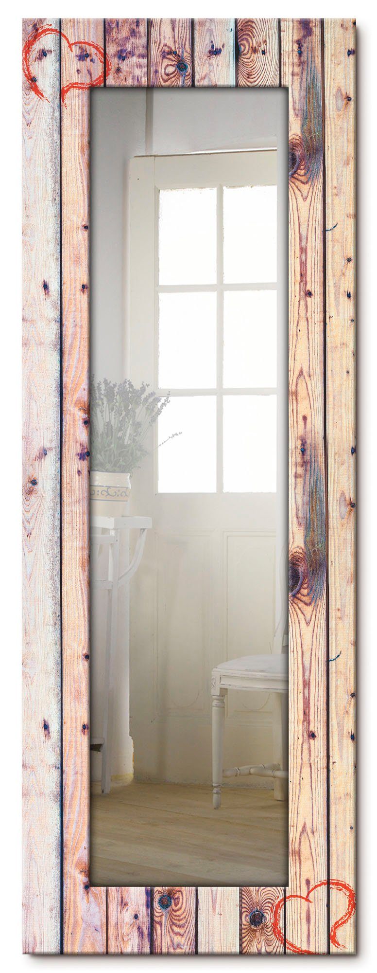 Artland Dekospiegel Vintage Hintergrund gerahmter Landhaus Holzwand Wanspiegel mit Motivrahmen, Herz, Ganzkörperspiegel, mit